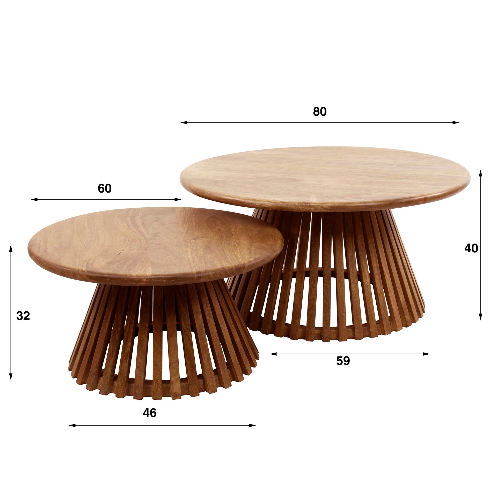 Trevano zandkleurige salontafel met kegelpoot van massief mangohout - set van 2