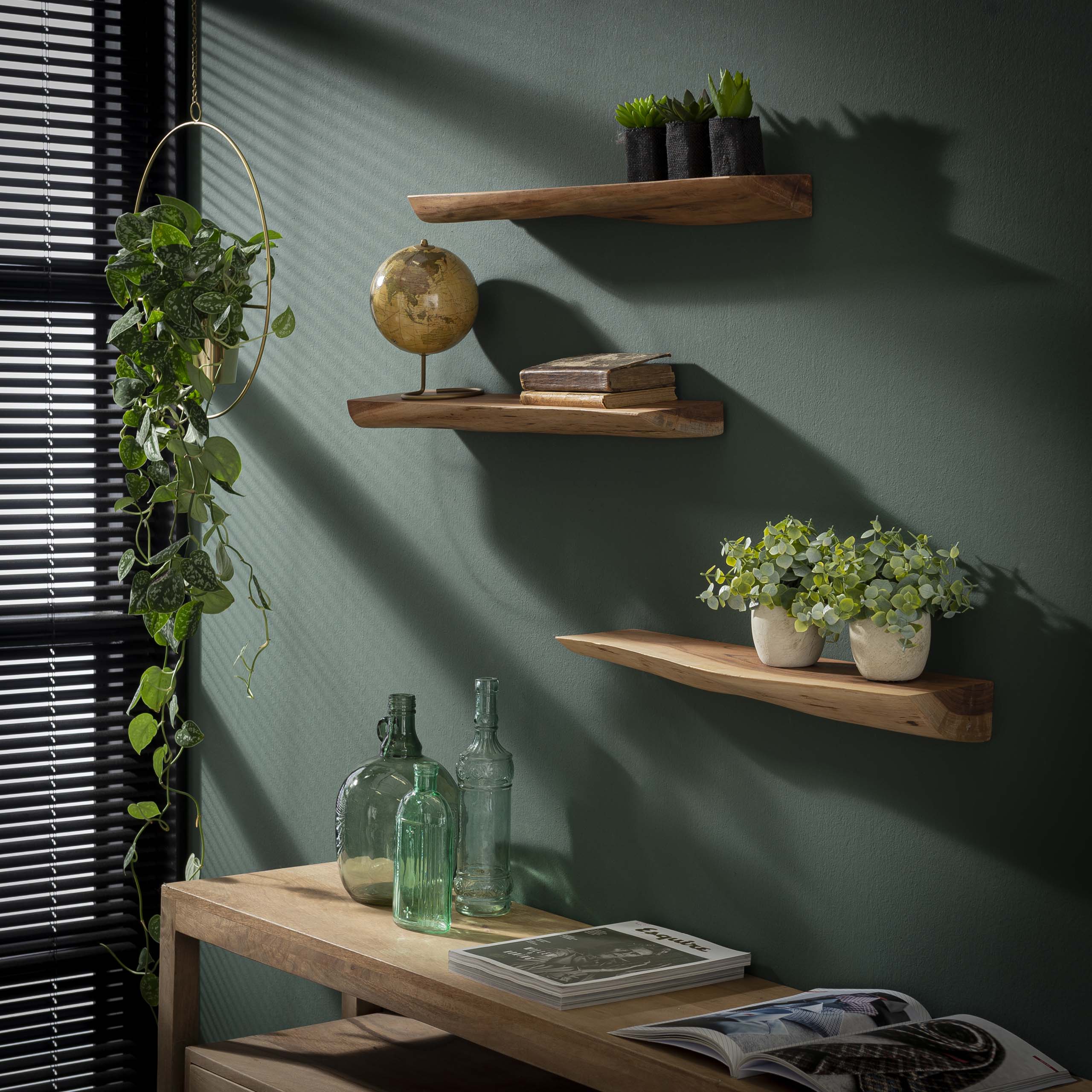 Alvero natuur massief acacia 60cm wandplank - set van 3
