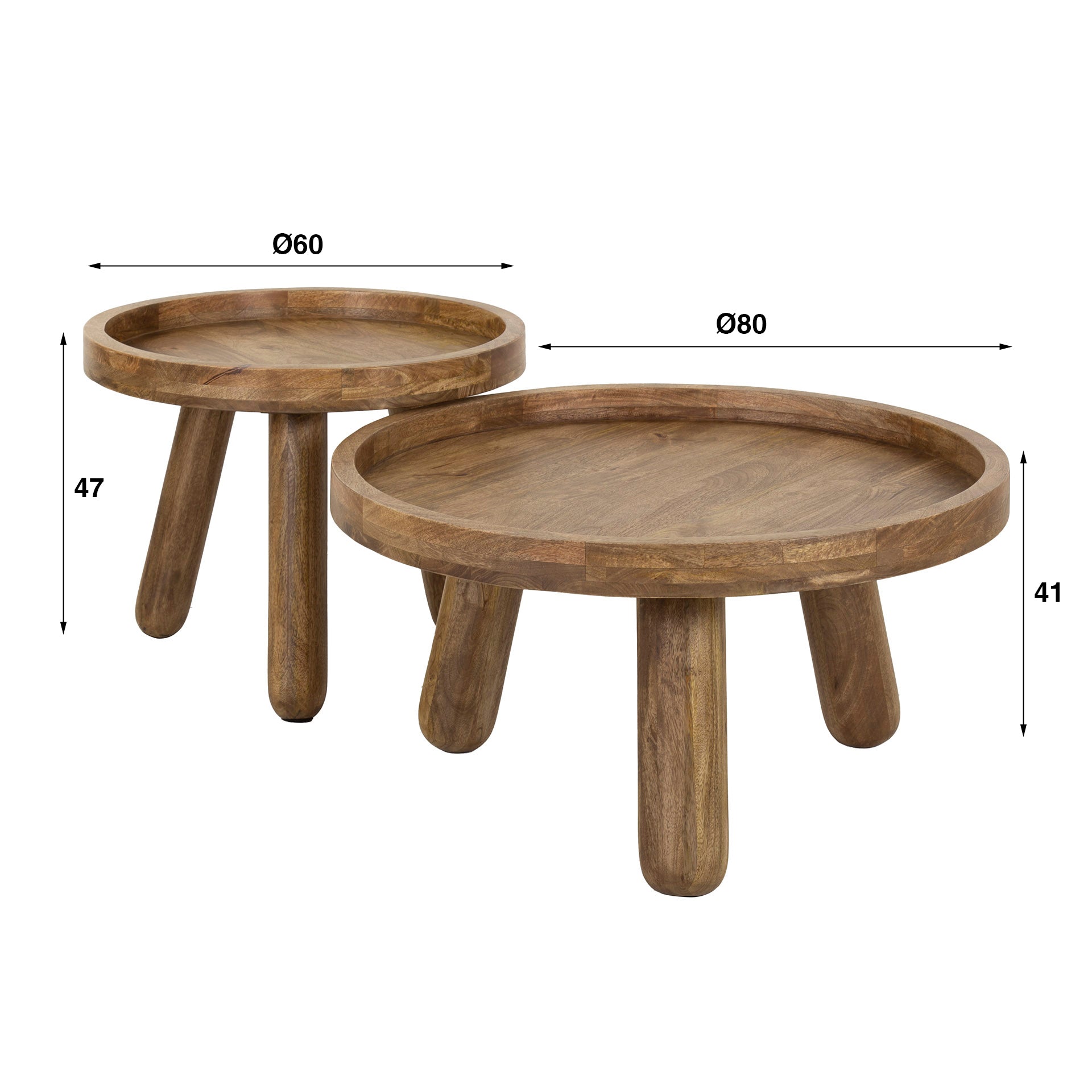 Tripara zandkleurige massief mangohouten statief salontafel - set van 2