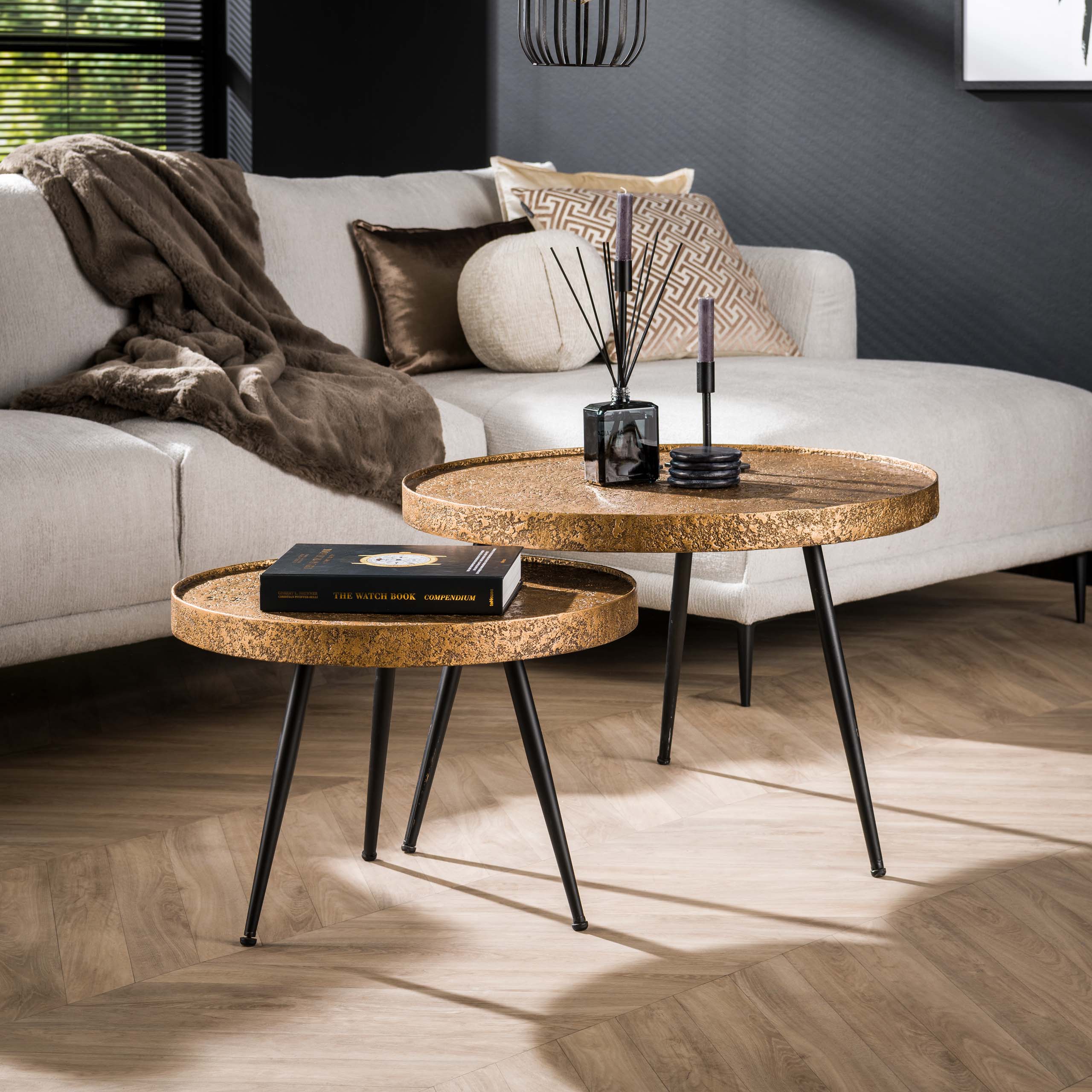 Metrona antiek brons metallic ronde salontafel - set van 2