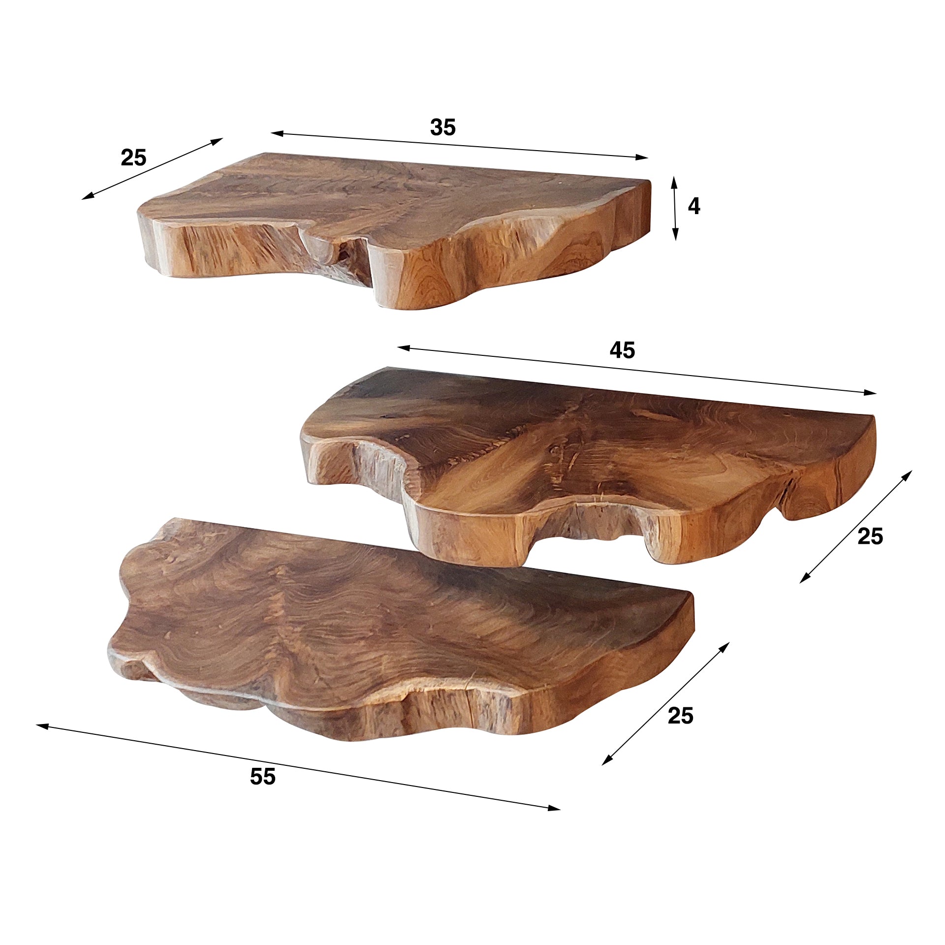 Tevaro natuurlijke massieve teakhouten wandplank - set van 3
