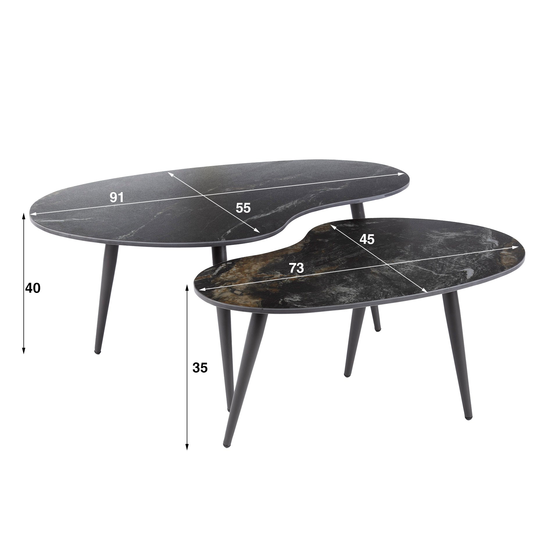 Fossira niervormige salontafel van zwart fossiel keramiek - set van 2