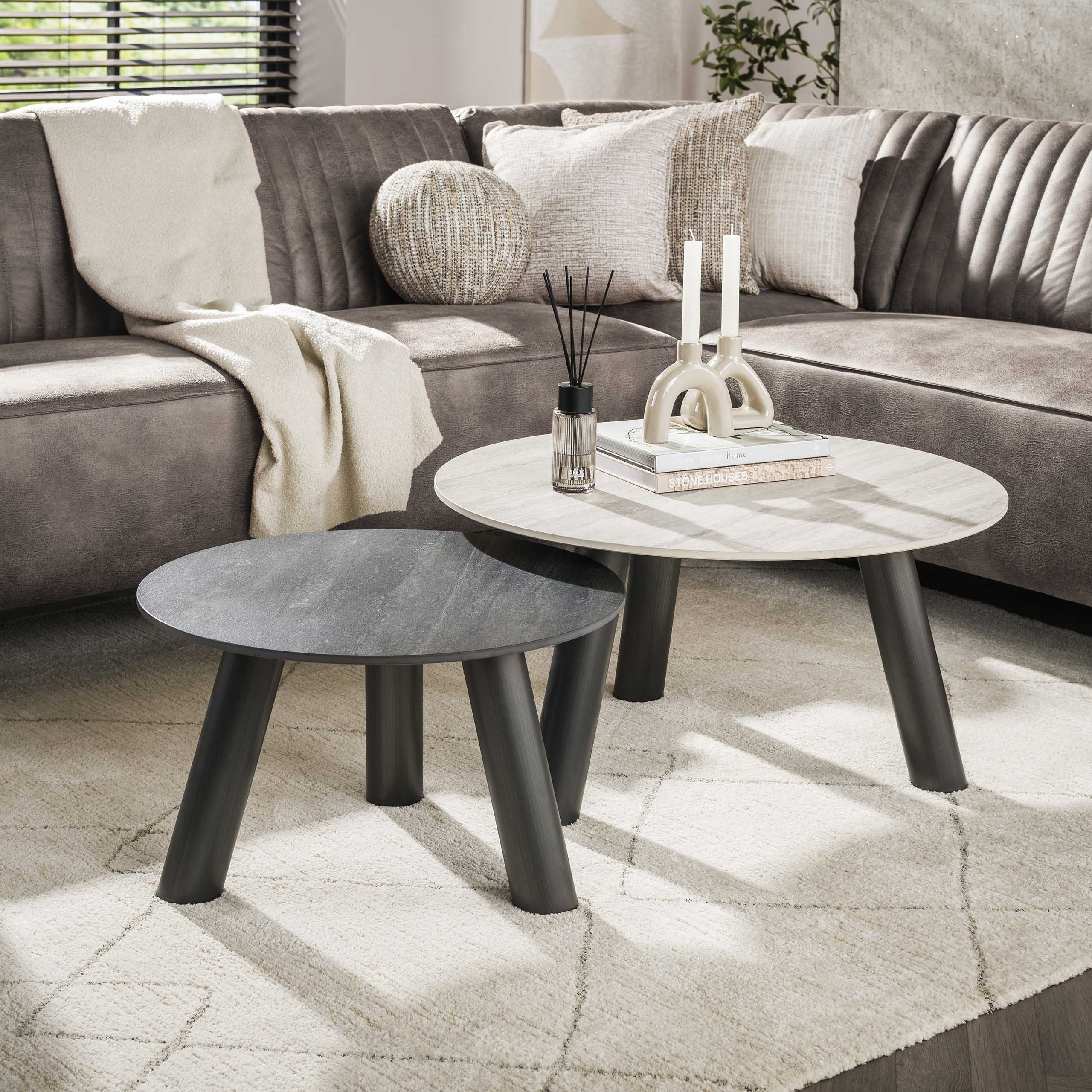 Aureto zwartgrijze travertin keramische ronde salontafel - set van 2