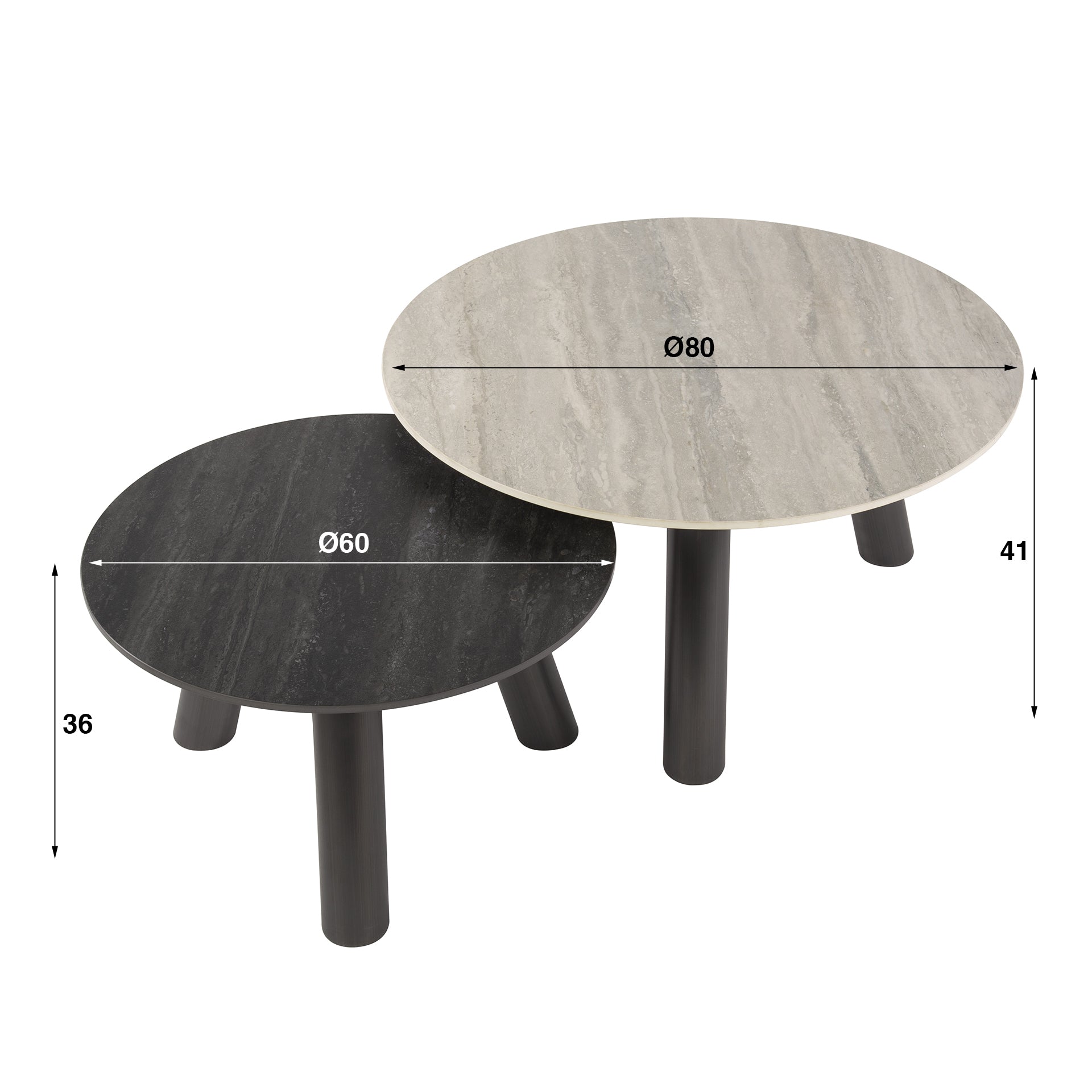 Aureto zwartgrijze travertin keramische ronde salontafel - set van 2