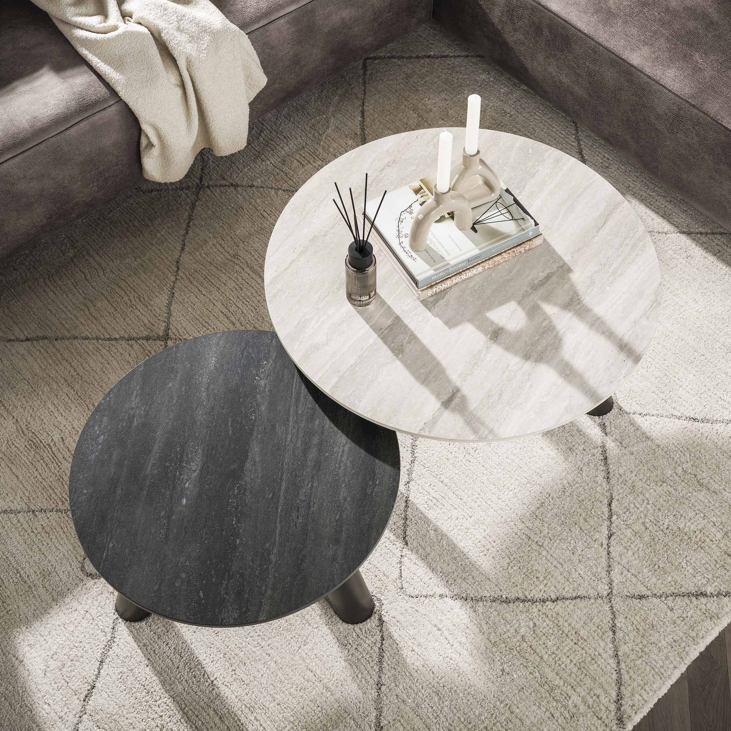 Aureto zwartgrijze travertin keramische ronde salontafel - set van 2