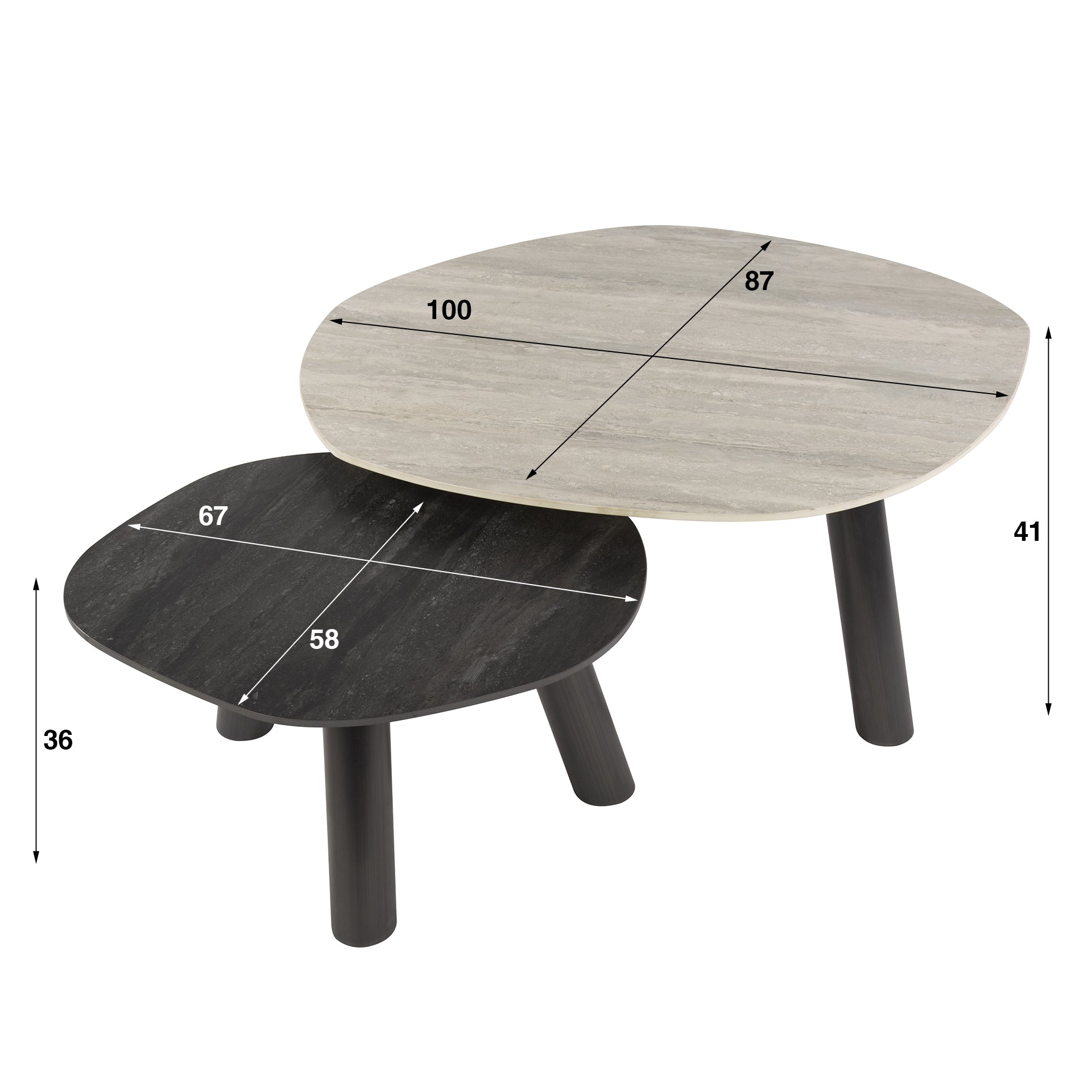 Aureto zwart-grijs travertin keramisch boomstam salontafel - set van 2