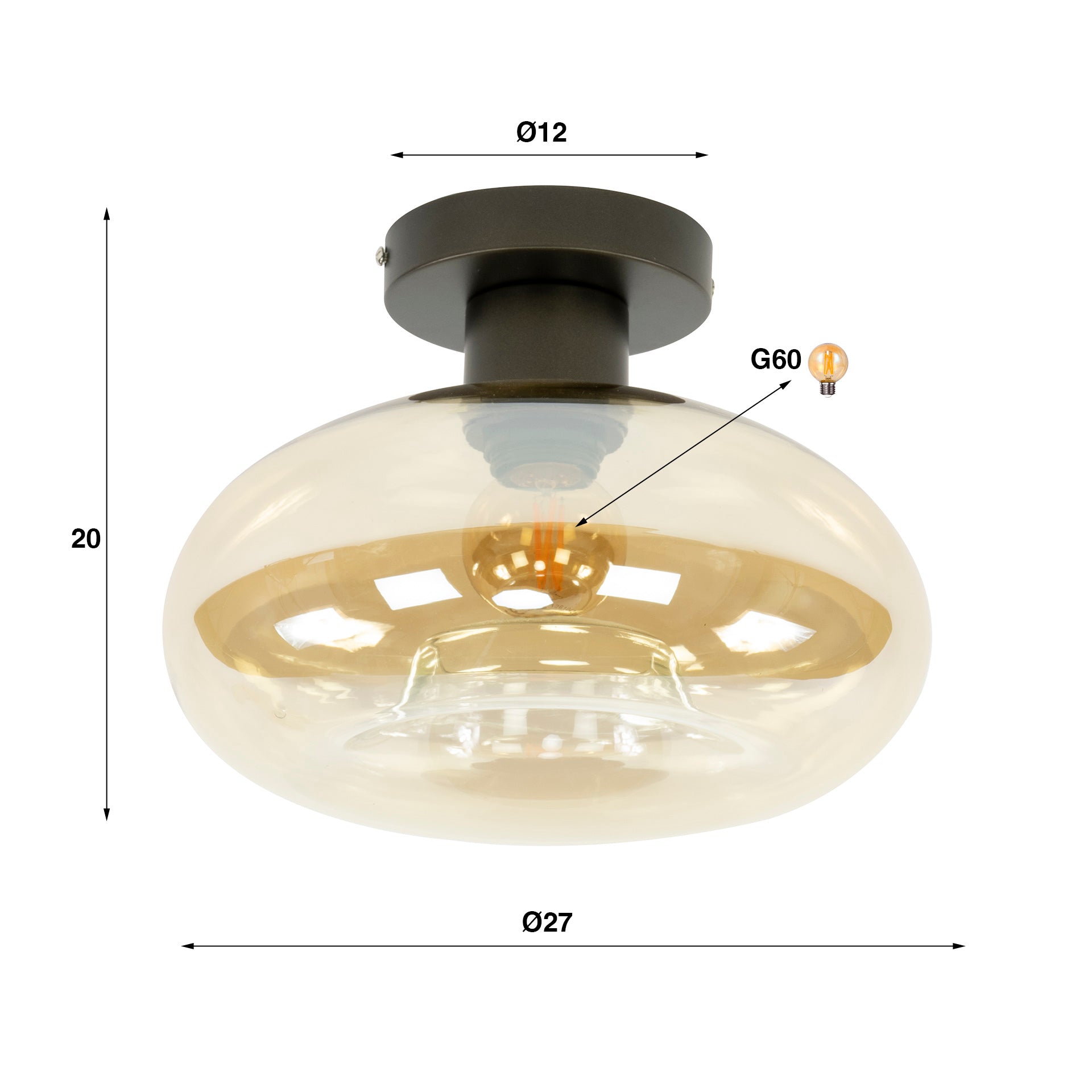 Soll amber glas plafondlamp met 1 lichtpunt