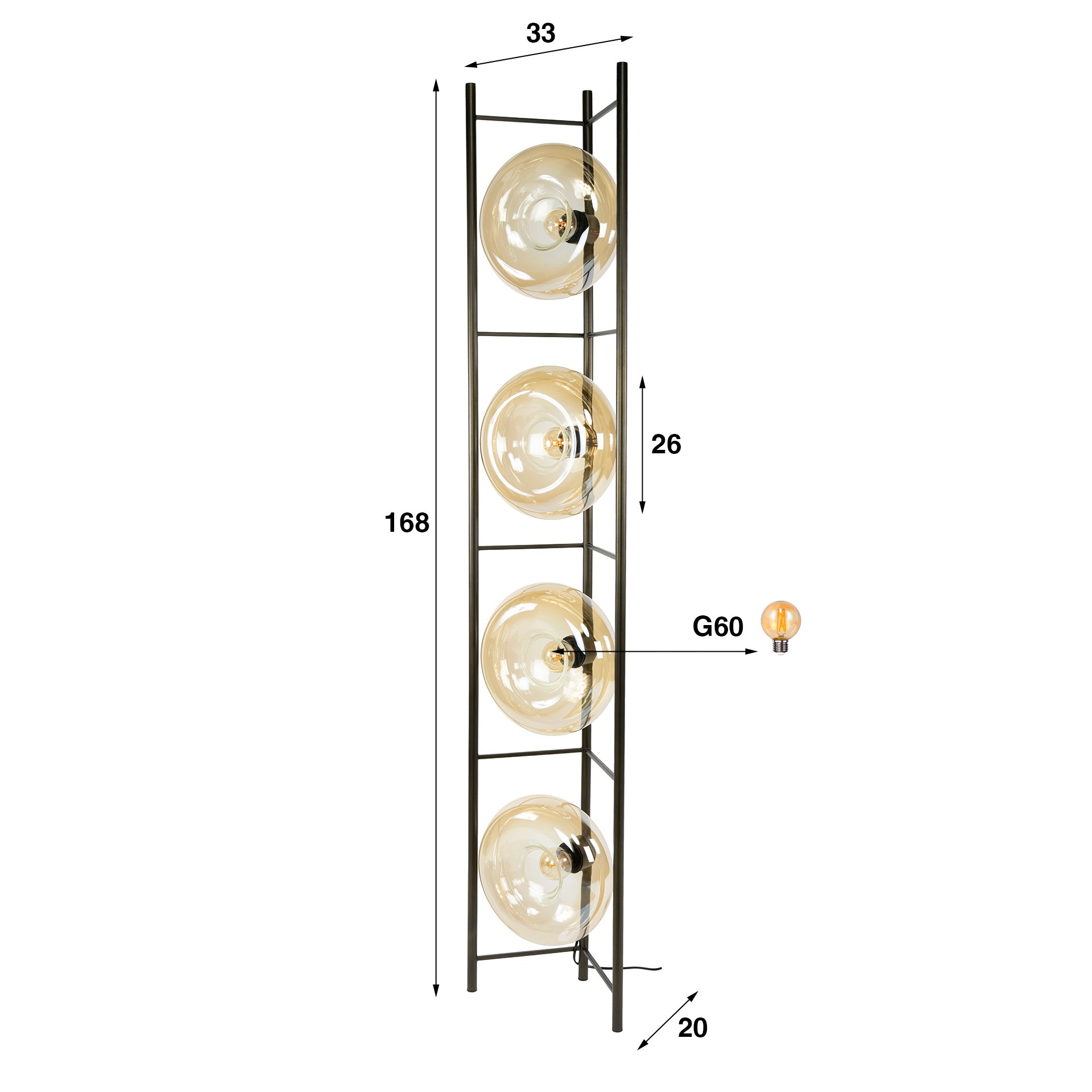 Sollara 4-lichts - vloerlamp met amberkleurig glas