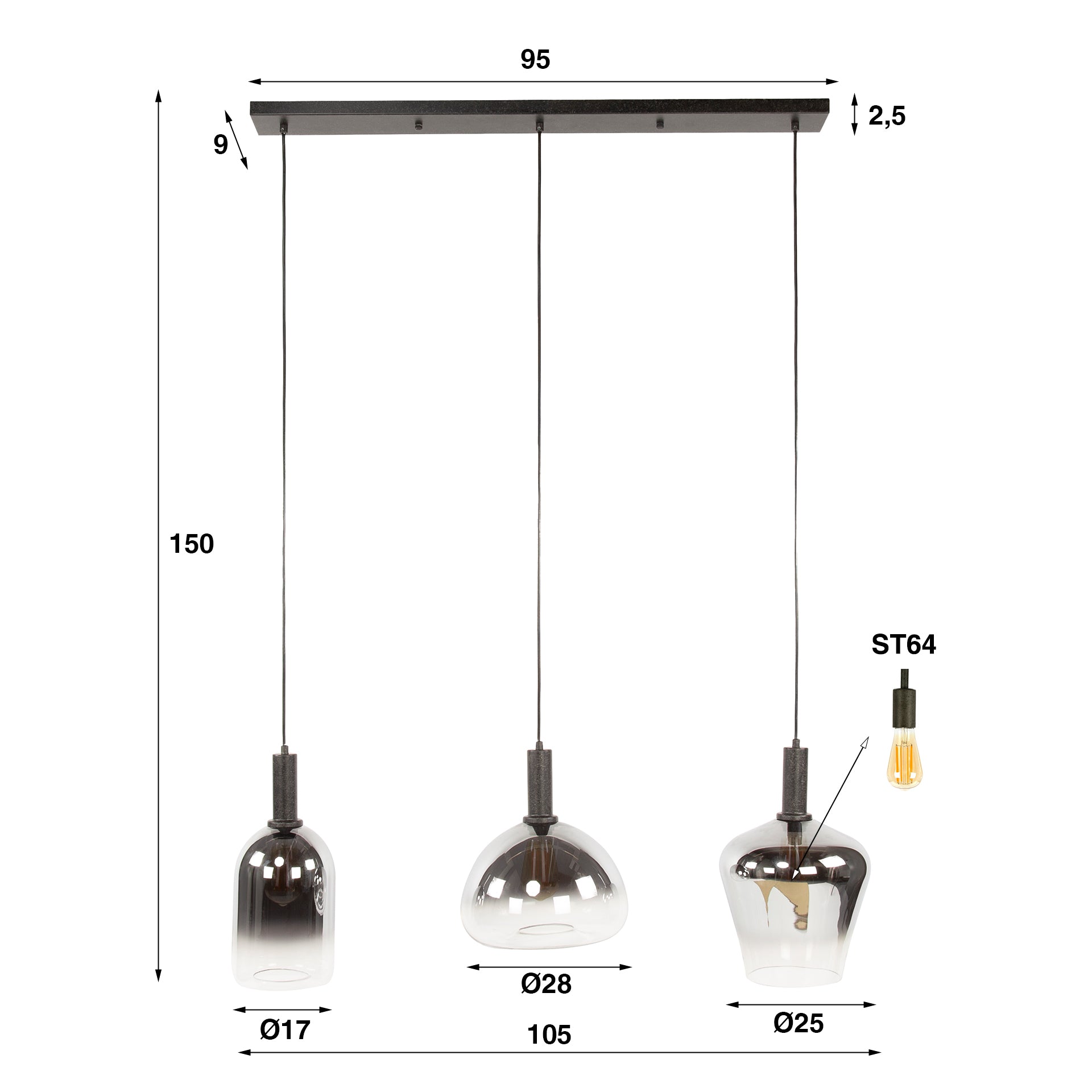 Zenora 3-lichts - Artic zwarte hanglamp