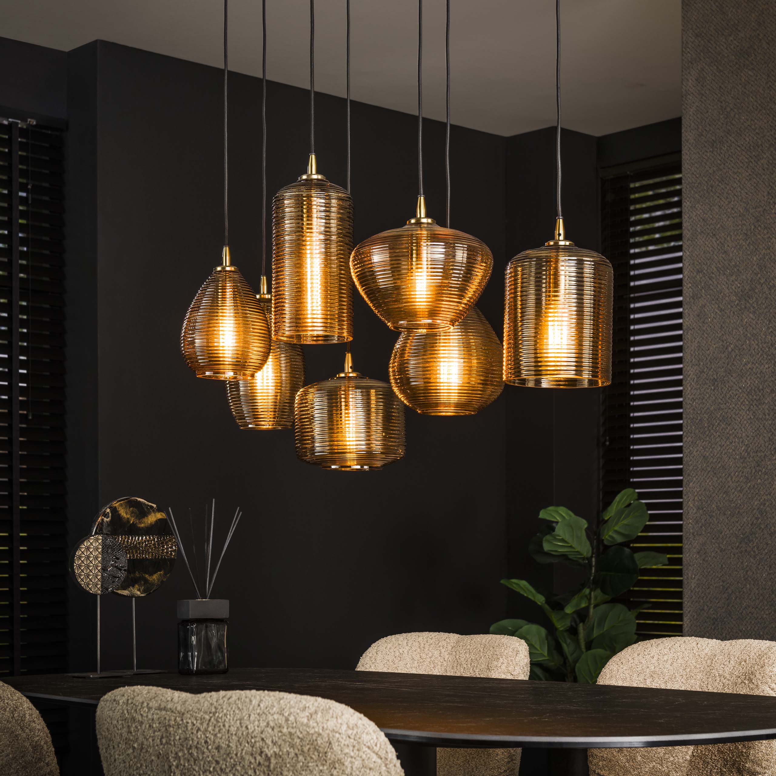Strava Horizontaal 4+3-licht - Hanglamp van amberkleurig glas