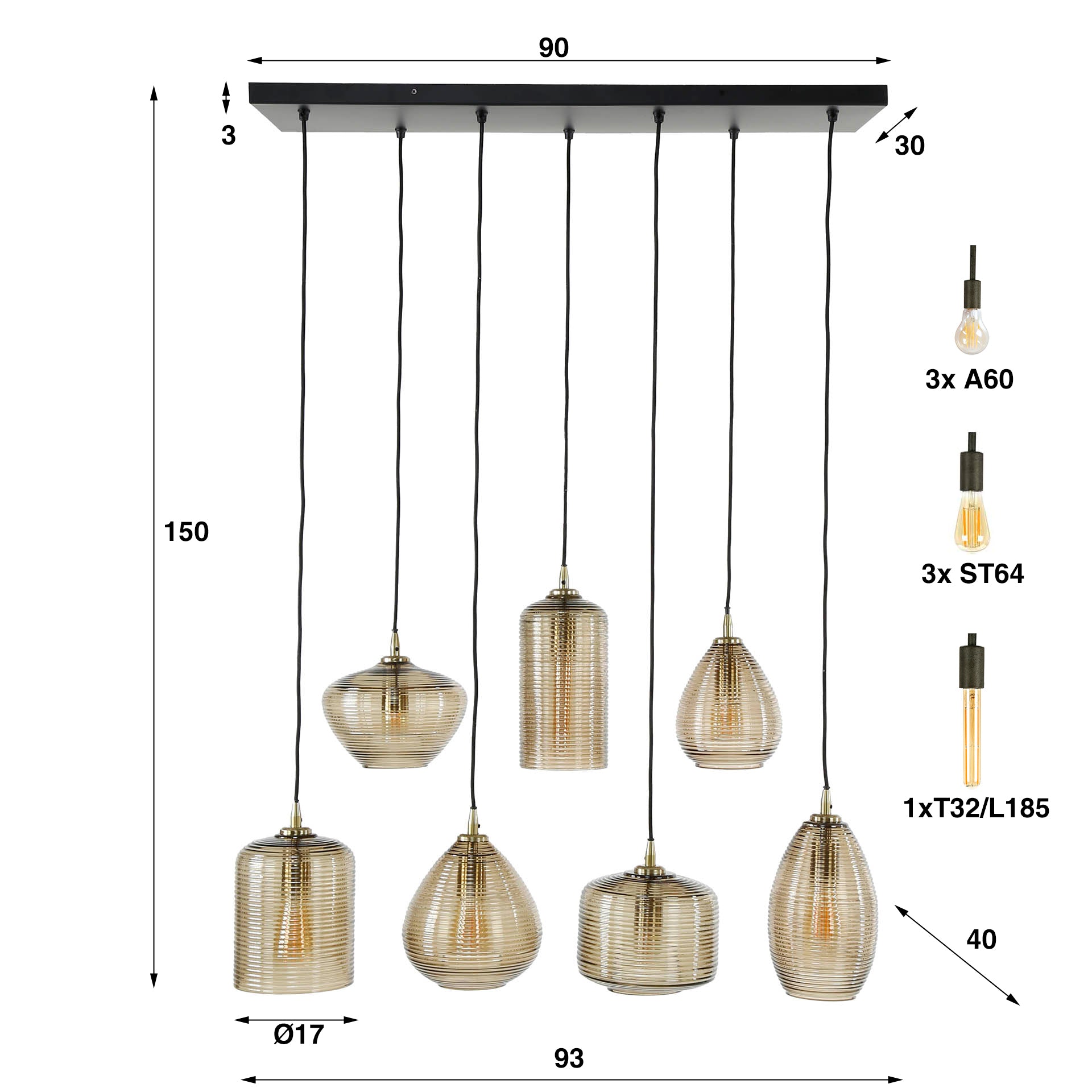 Strava Horizontaal 4+3-licht - Hanglamp van amberkleurig glas