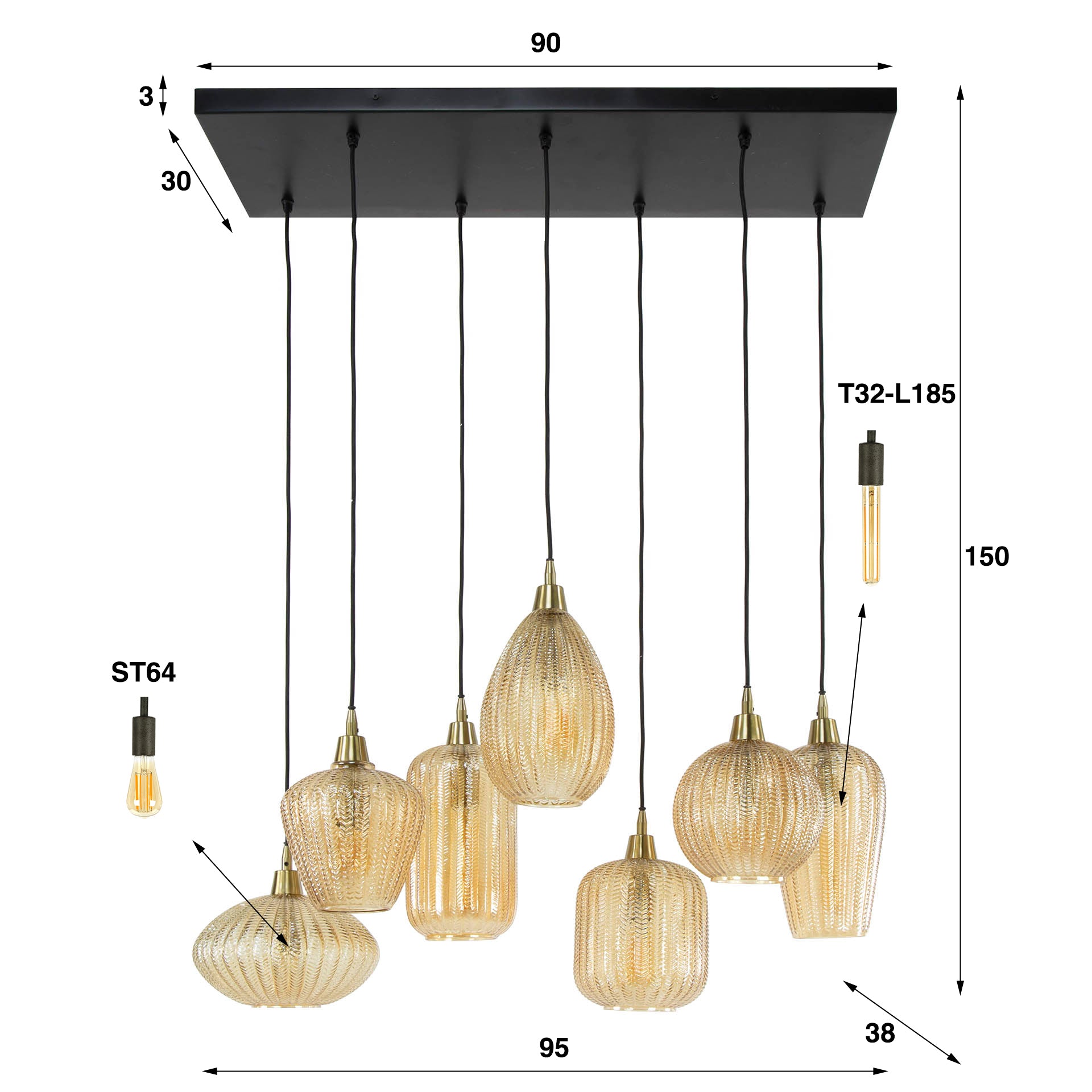 Varion 4+3-licht - Amberkleurige glazen hanglamp