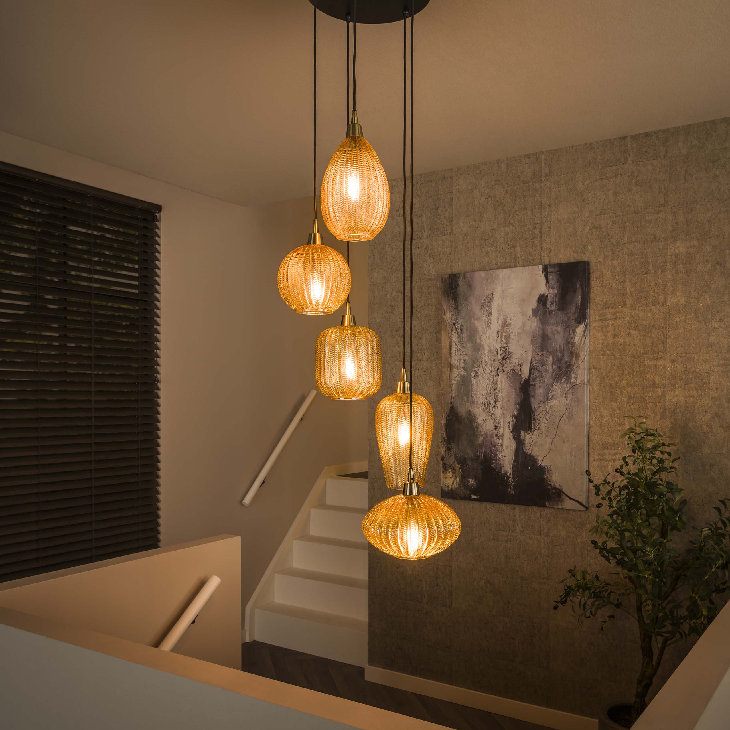 Varion 5-lichts in lagen - Amberkleurige glazen hanglamp