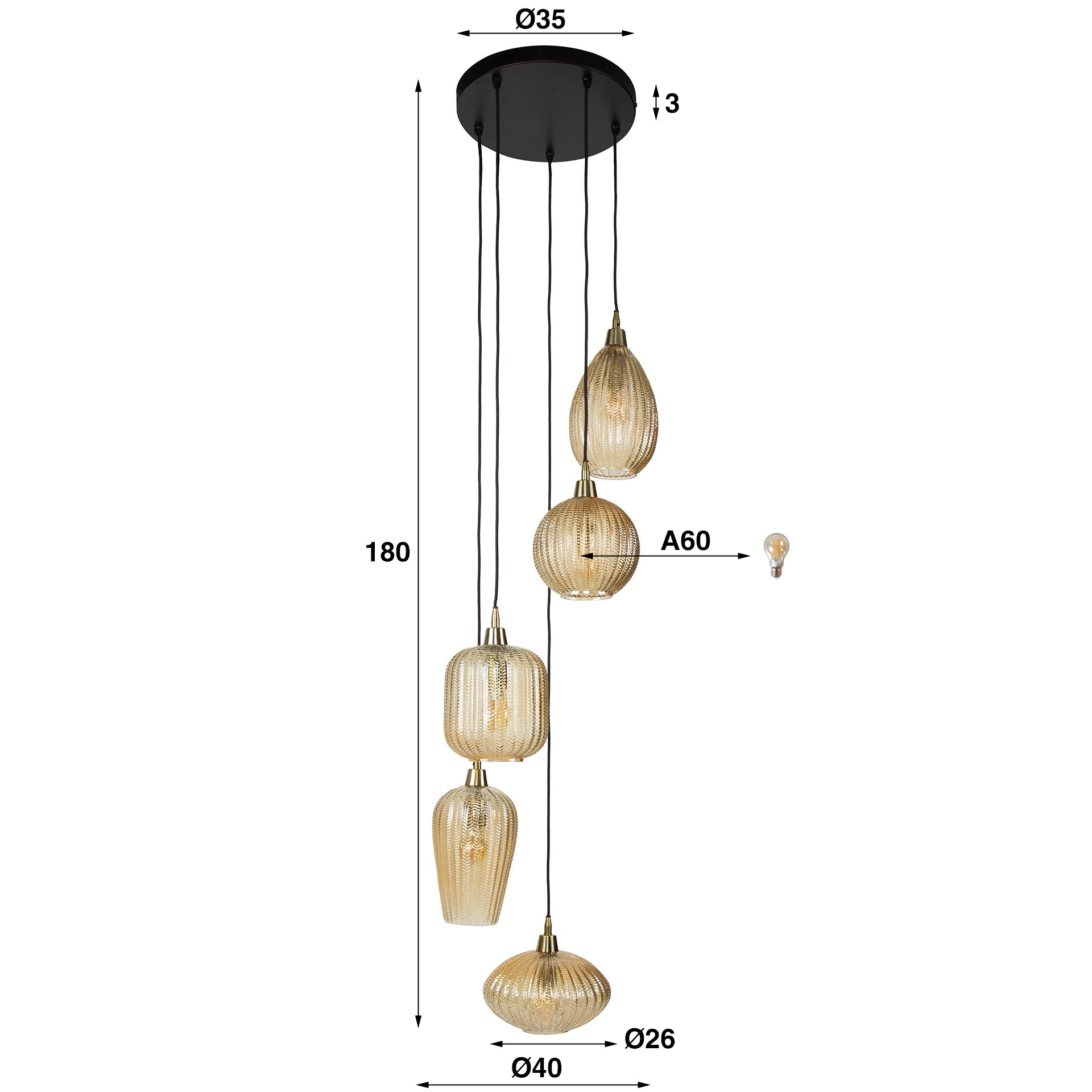 Varion 5-lichts in lagen - Amberkleurige glazen hanglamp
