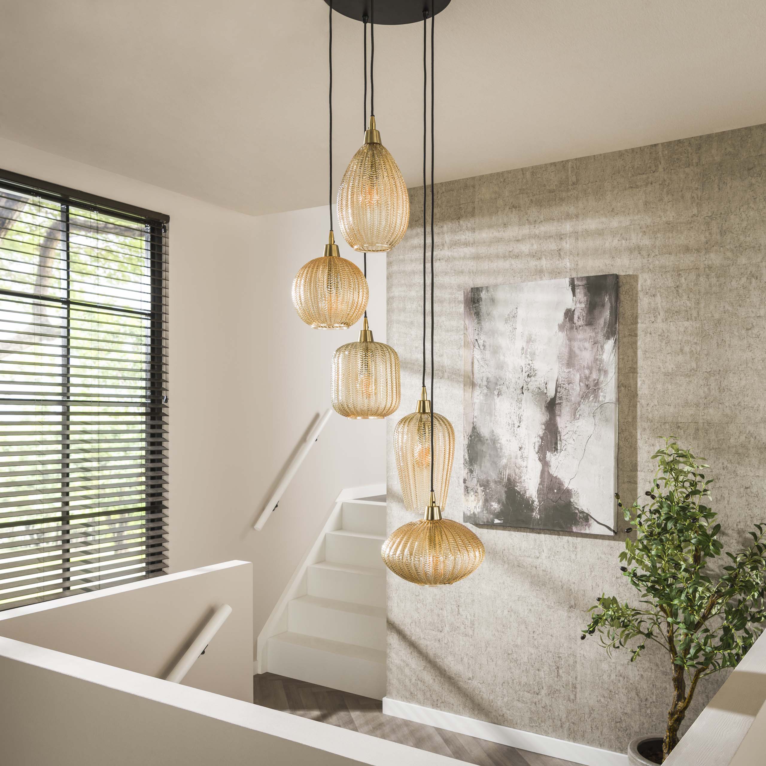 Varion 5-lichts in lagen - Amberkleurige glazen hanglamp
