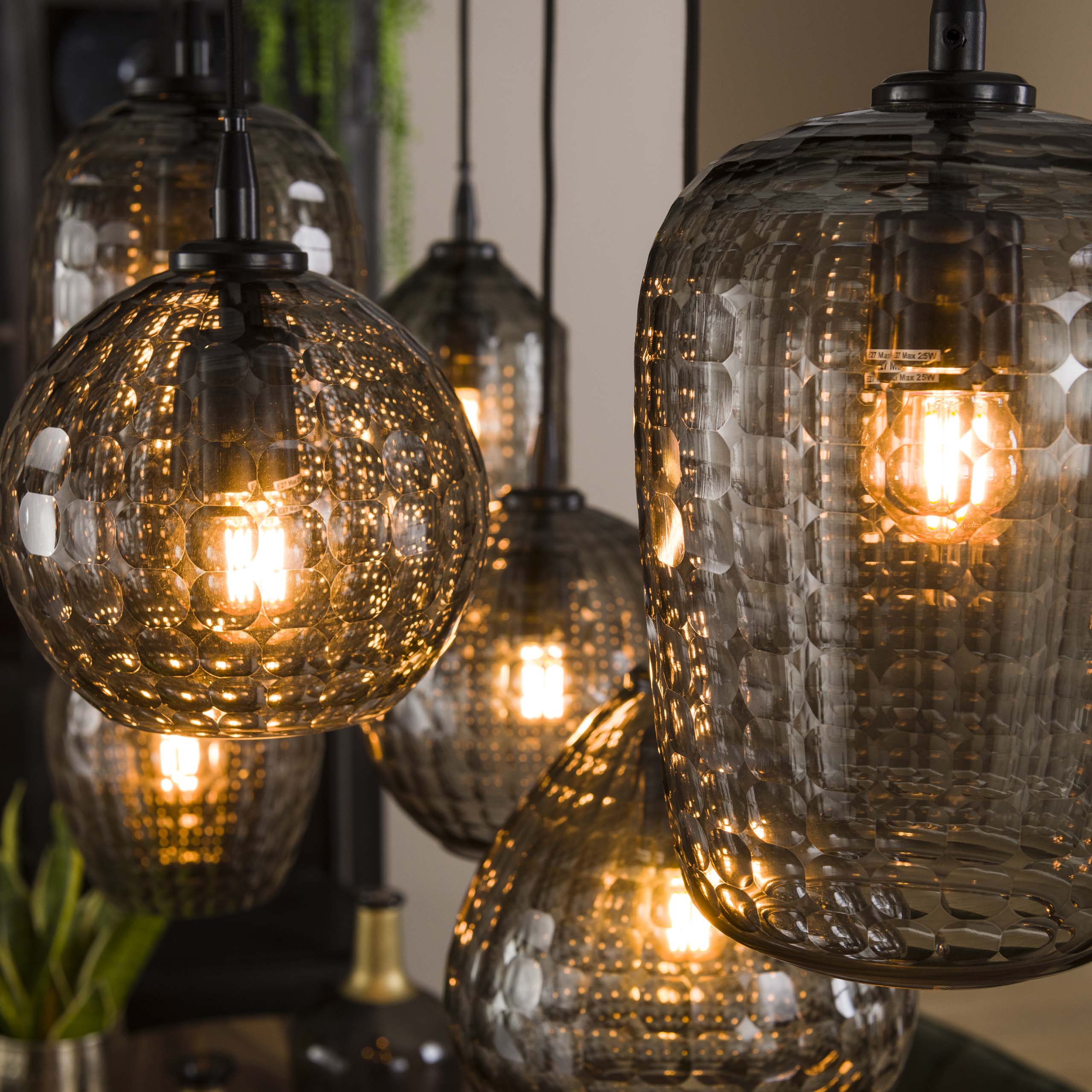 Hexara 4+3-licht - Rookgrijs glazen hanglamp