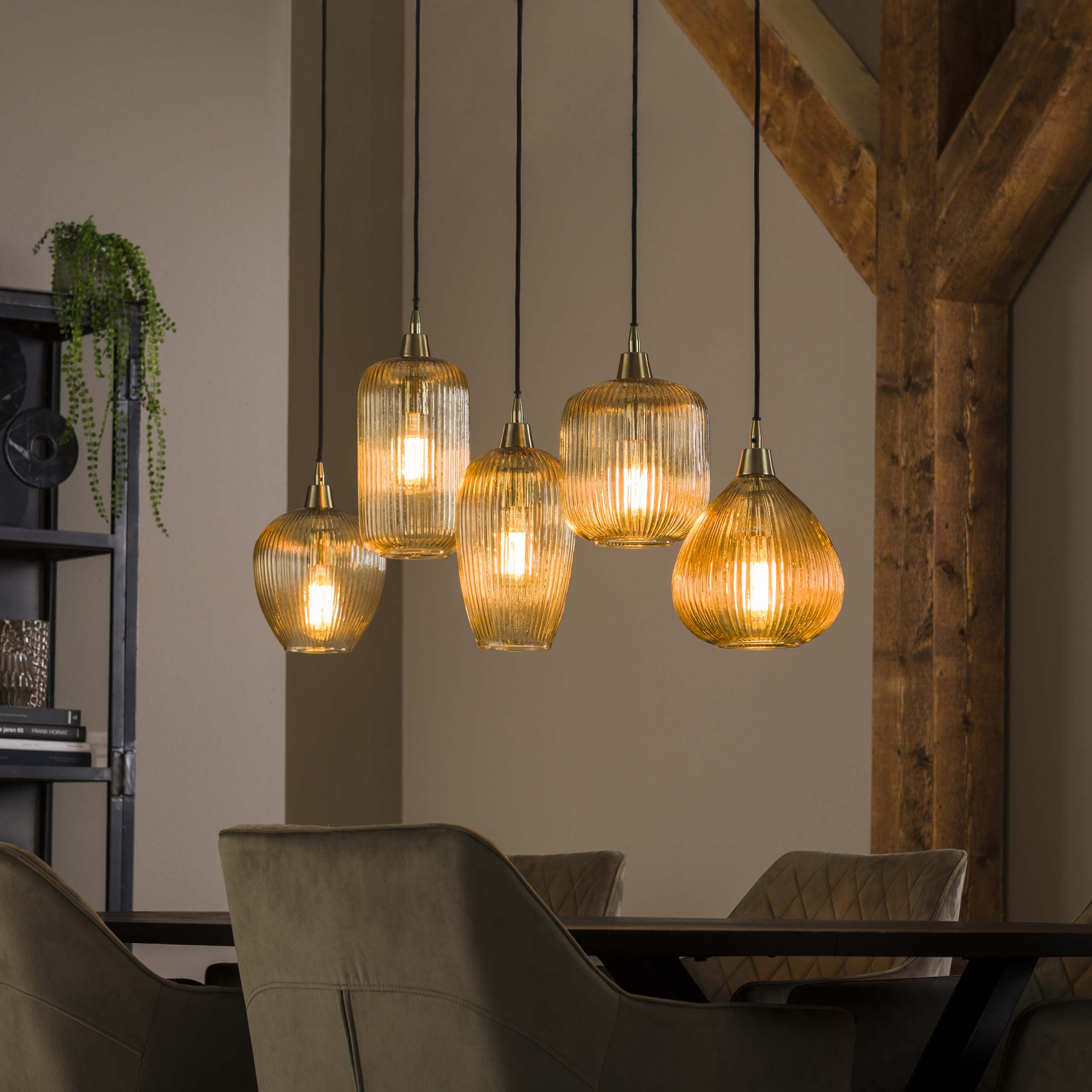 Strava 5-lichts - Amberkleurige glazen hanglamp