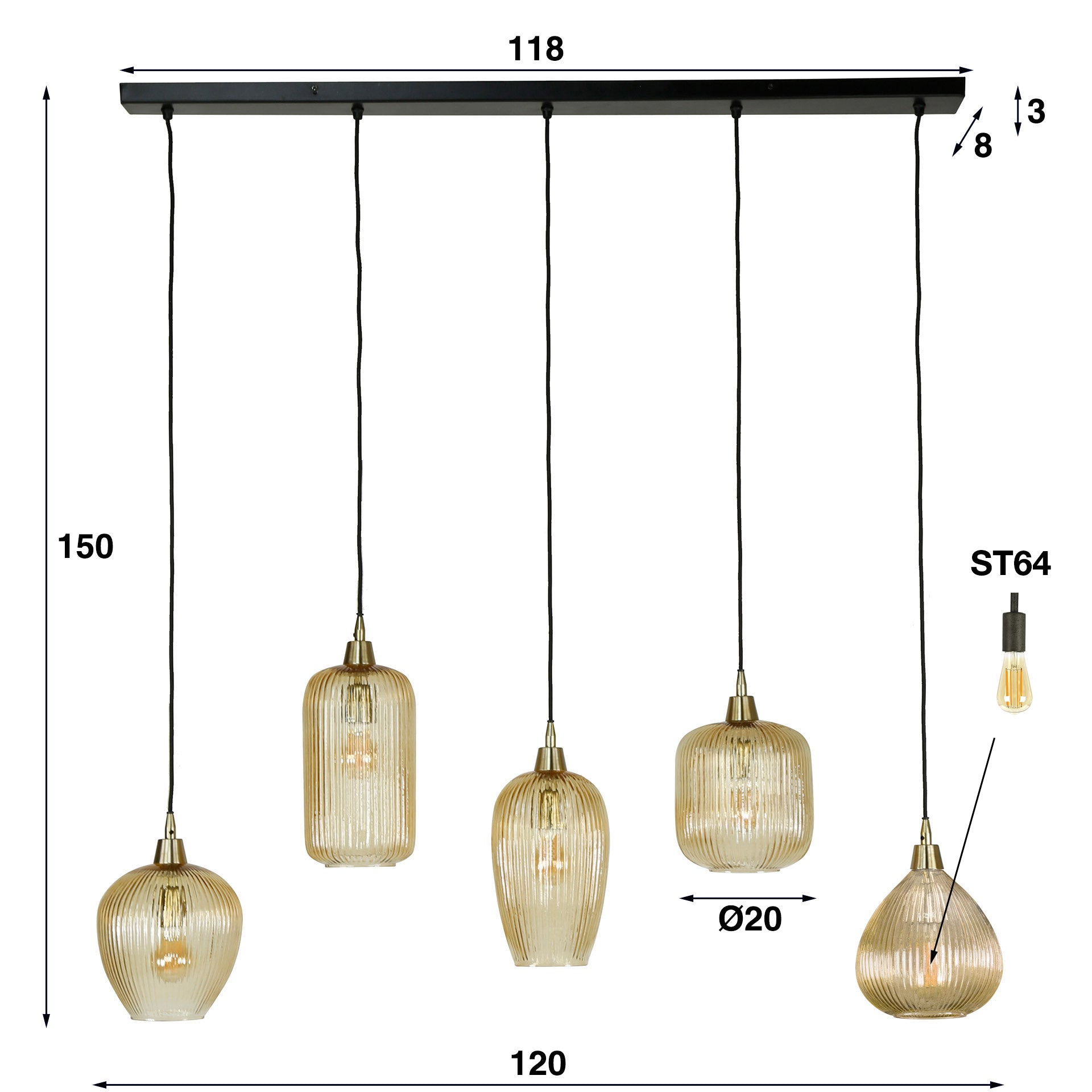Strava 5-lichts - Amberkleurige glazen hanglamp