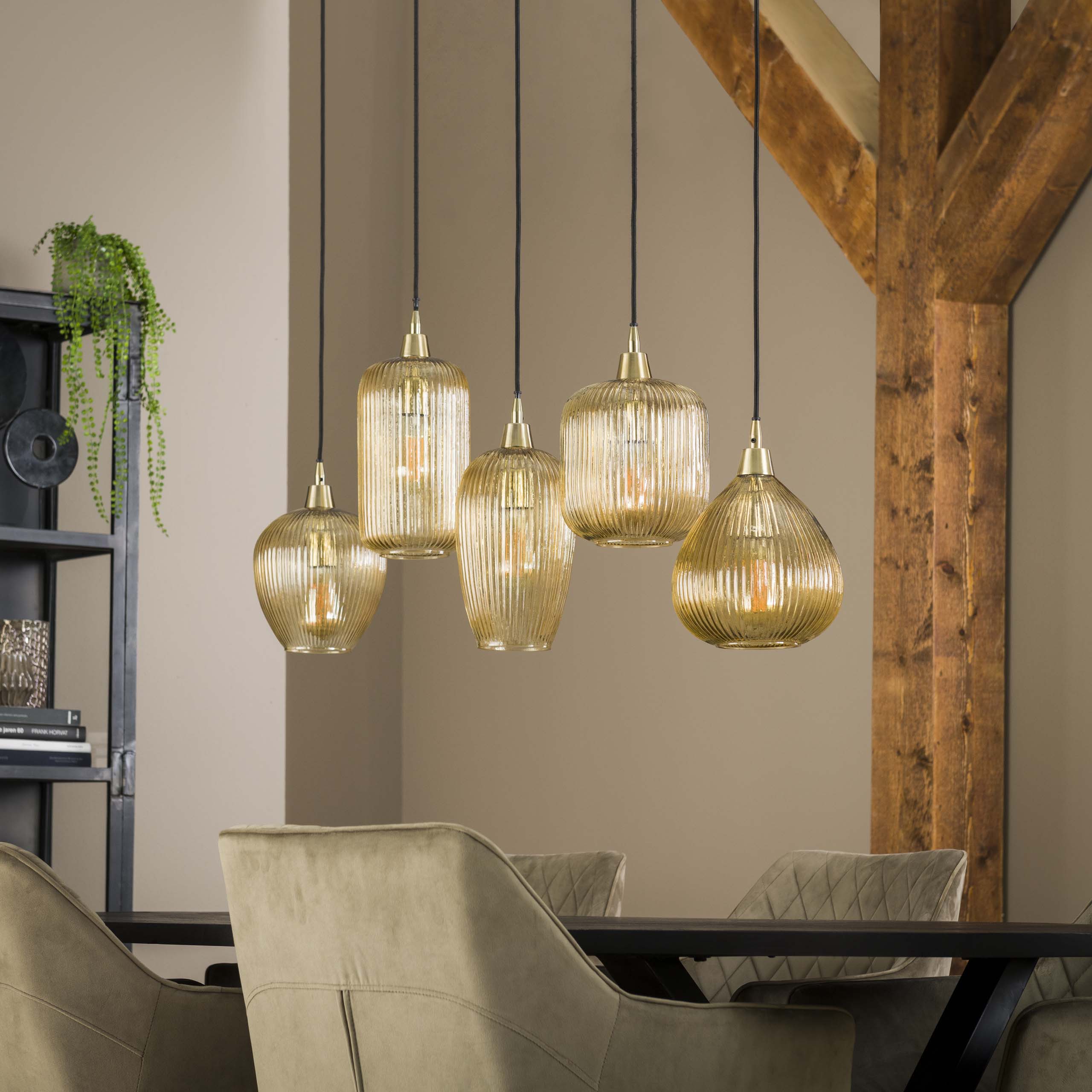 Strava 5-lichts - Amberkleurige glazen hanglamp
