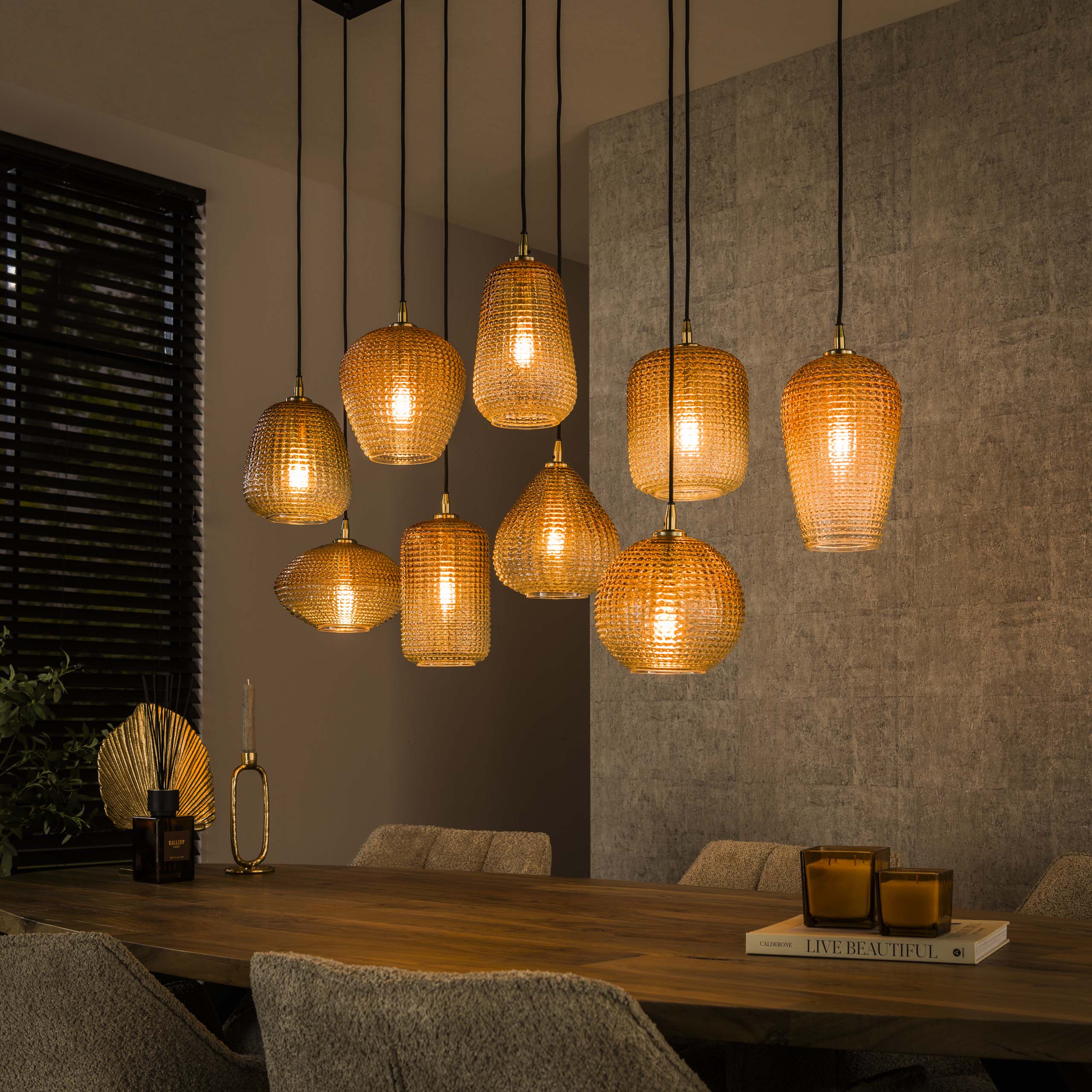 Doria 5+4-lichts - Amberglazen hanglamp