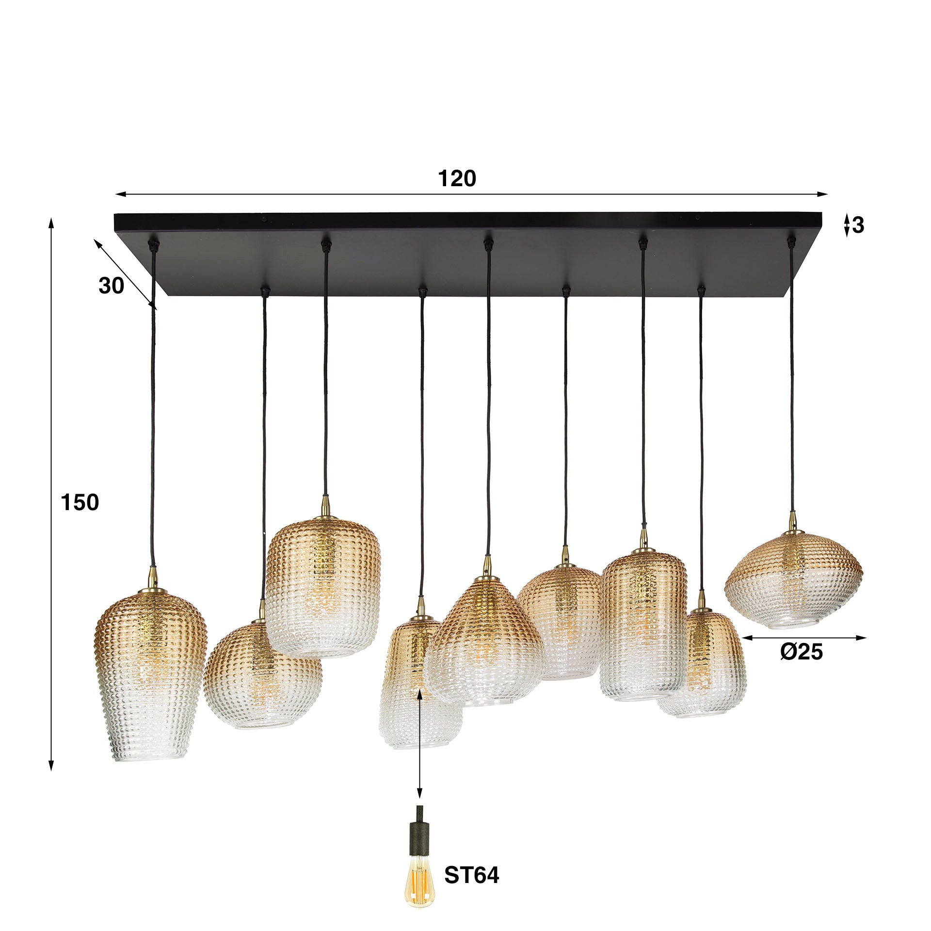 Doria 5+4-lichts - Amberglazen hanglamp