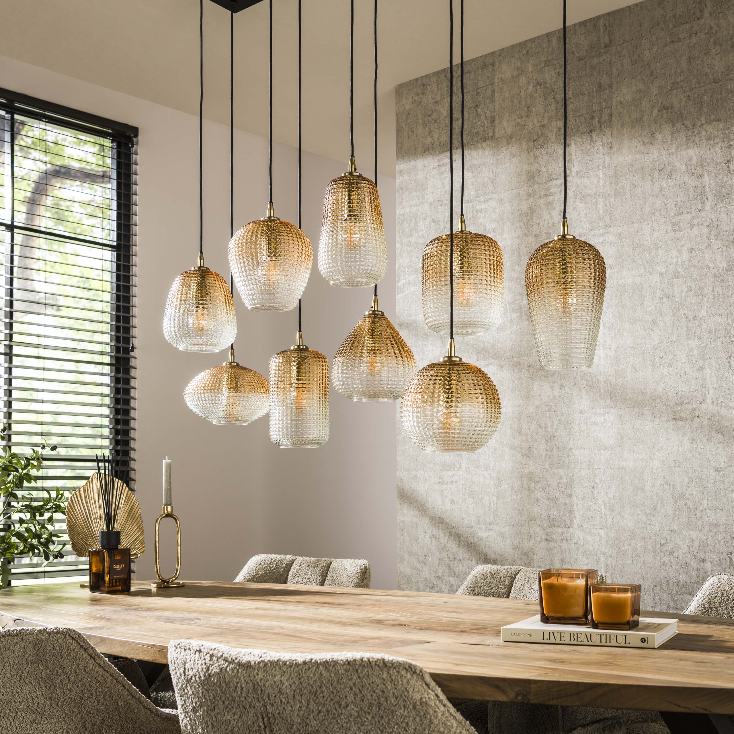 Doria 5+4-lichts - Amberglazen hanglamp