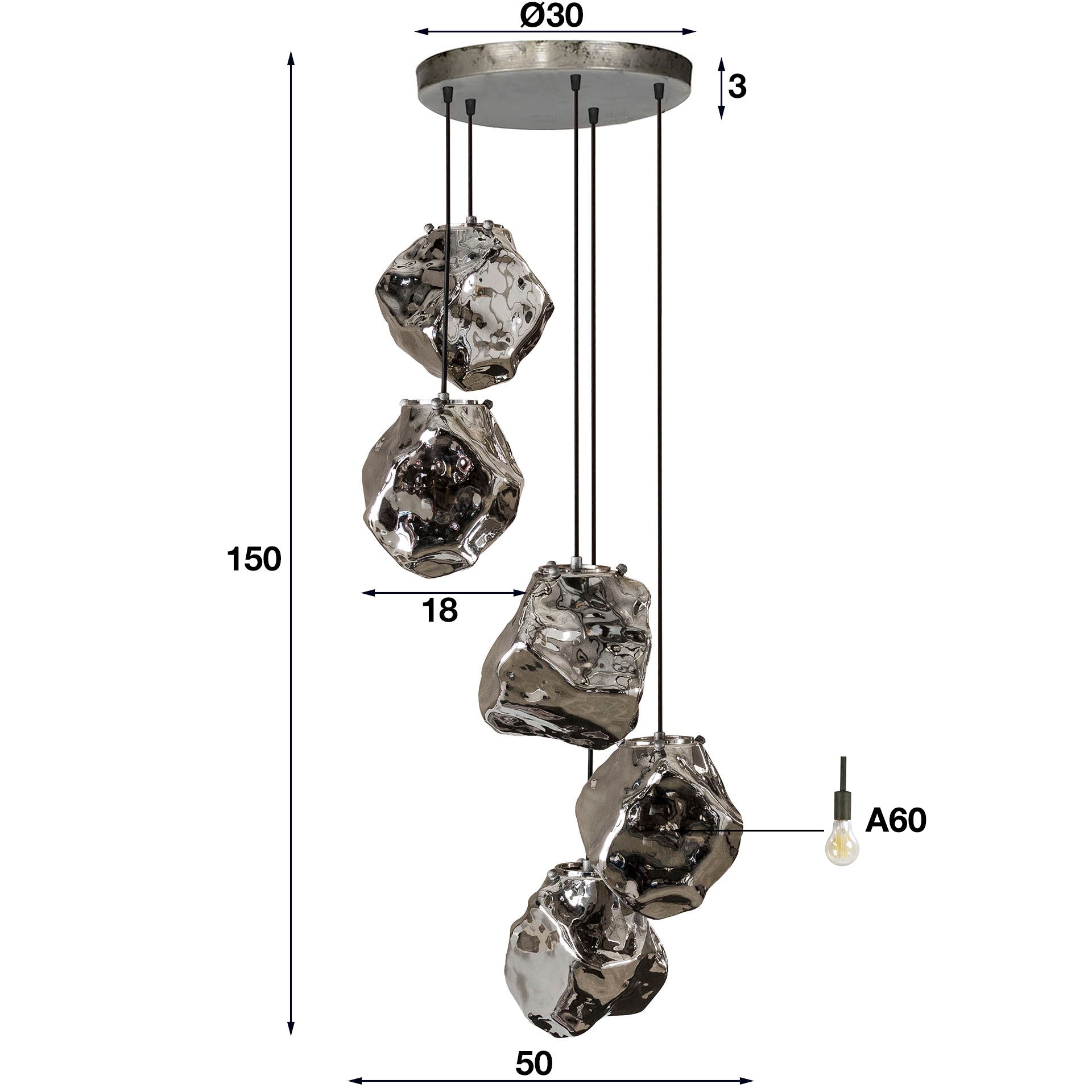 Rovara 5-lichts hanglamp - Chroom glas