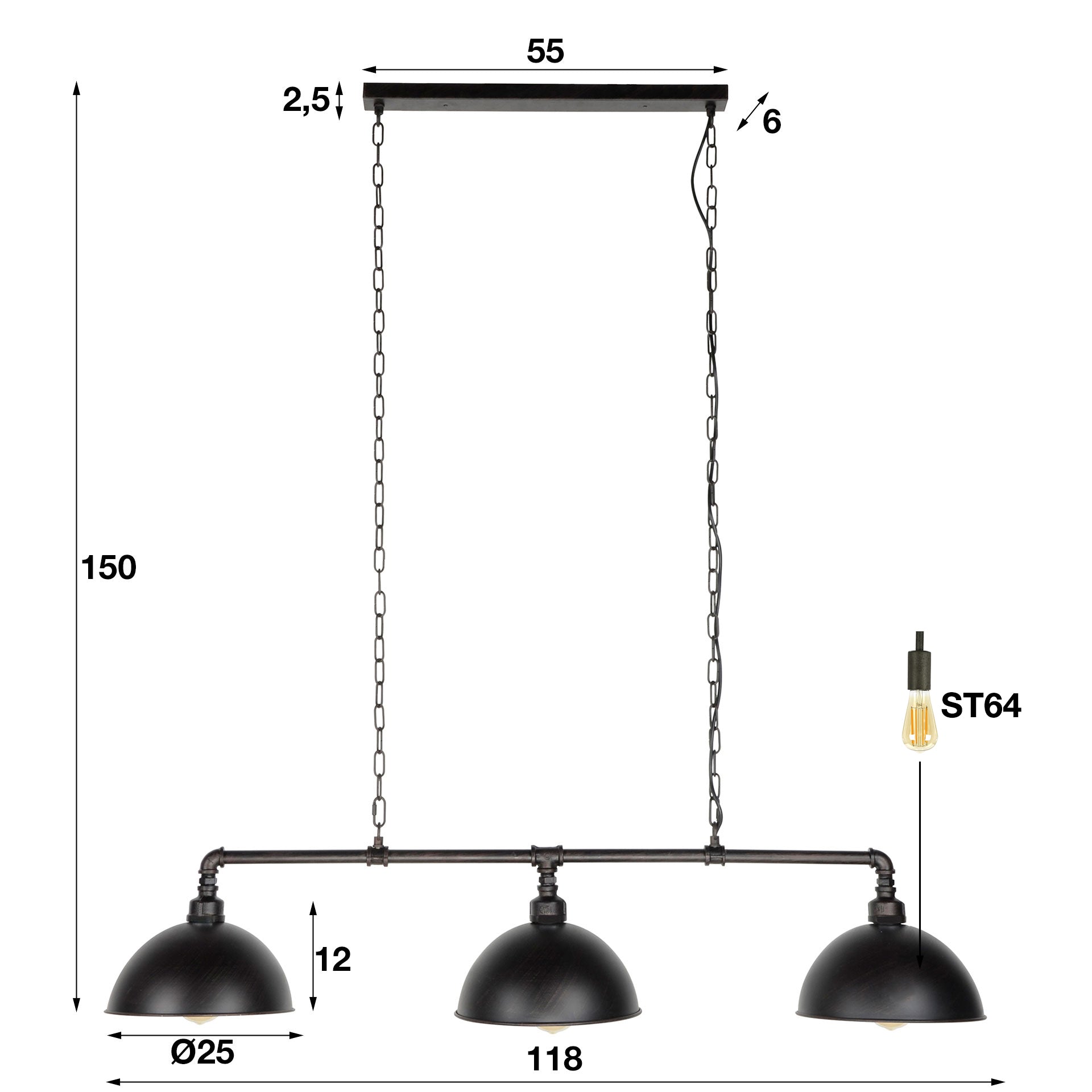 Induro Tube 3-lichts - Zwarte hanglamp