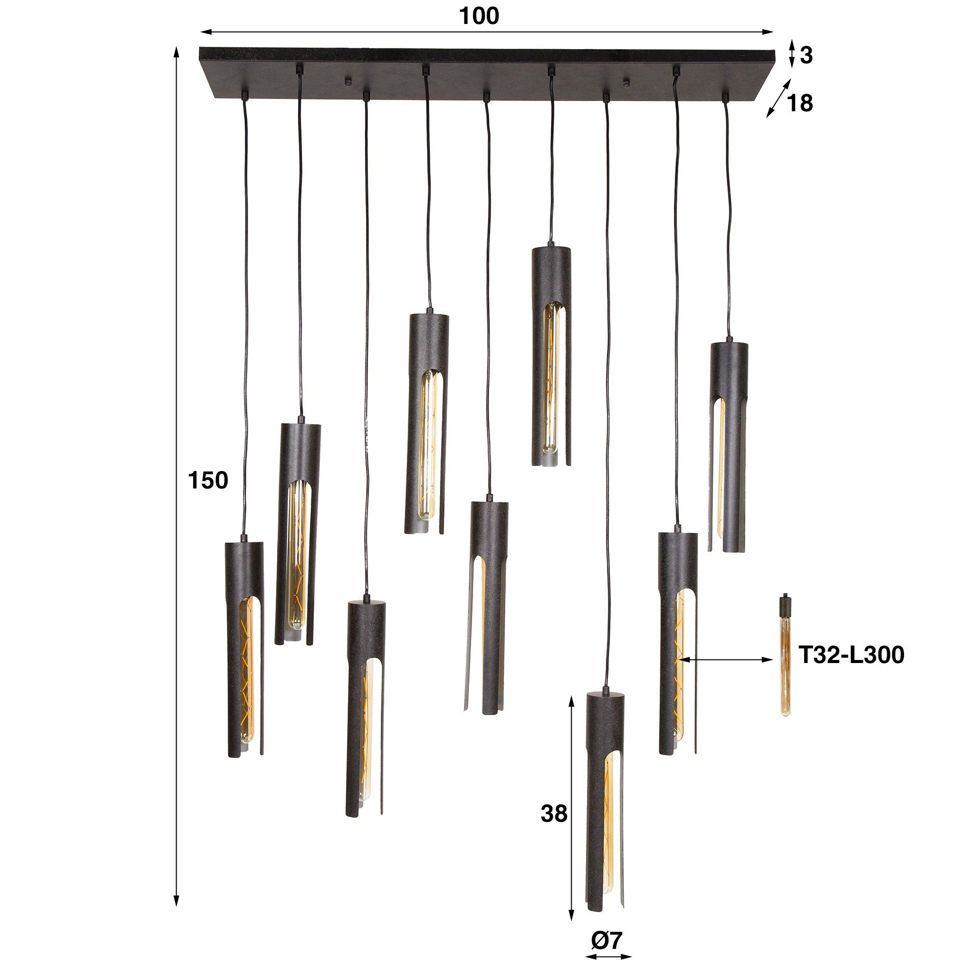 Tubara 5+4-lichts - Arctic zwarte hanglamp