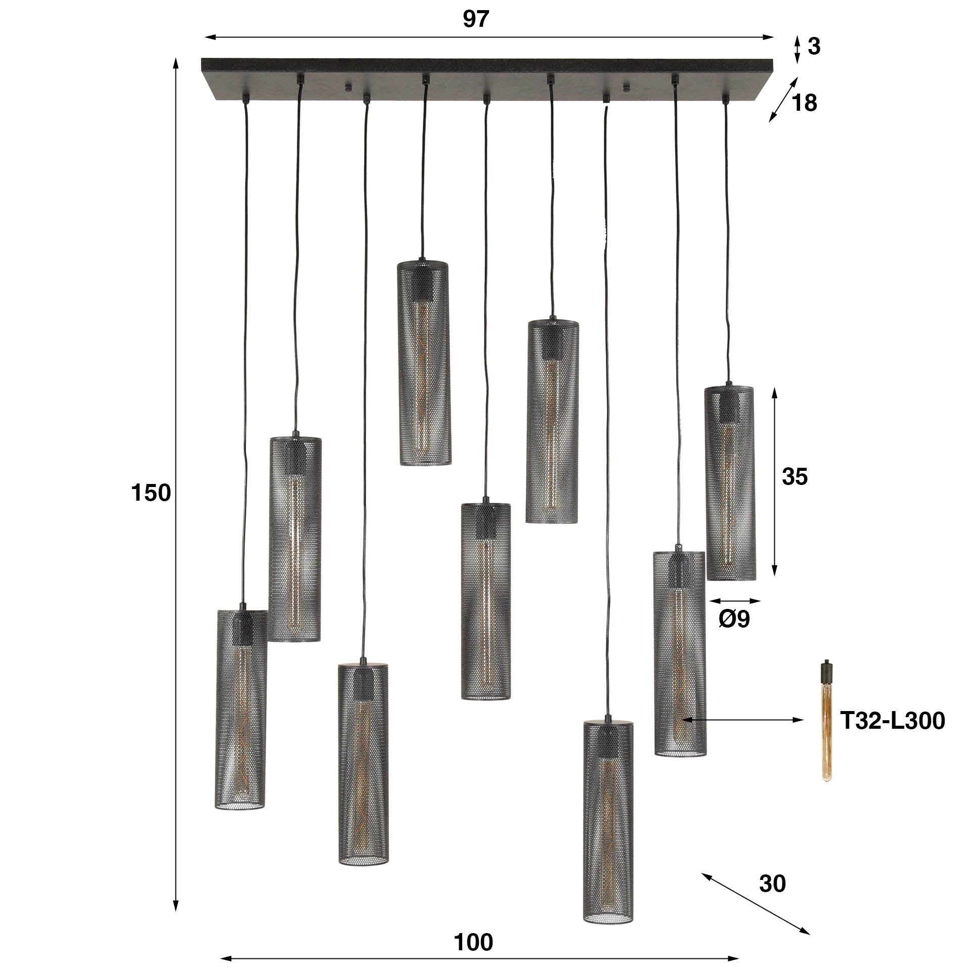 Tubara Mesh 5+4-lichts - Artic zwarte hanglamp