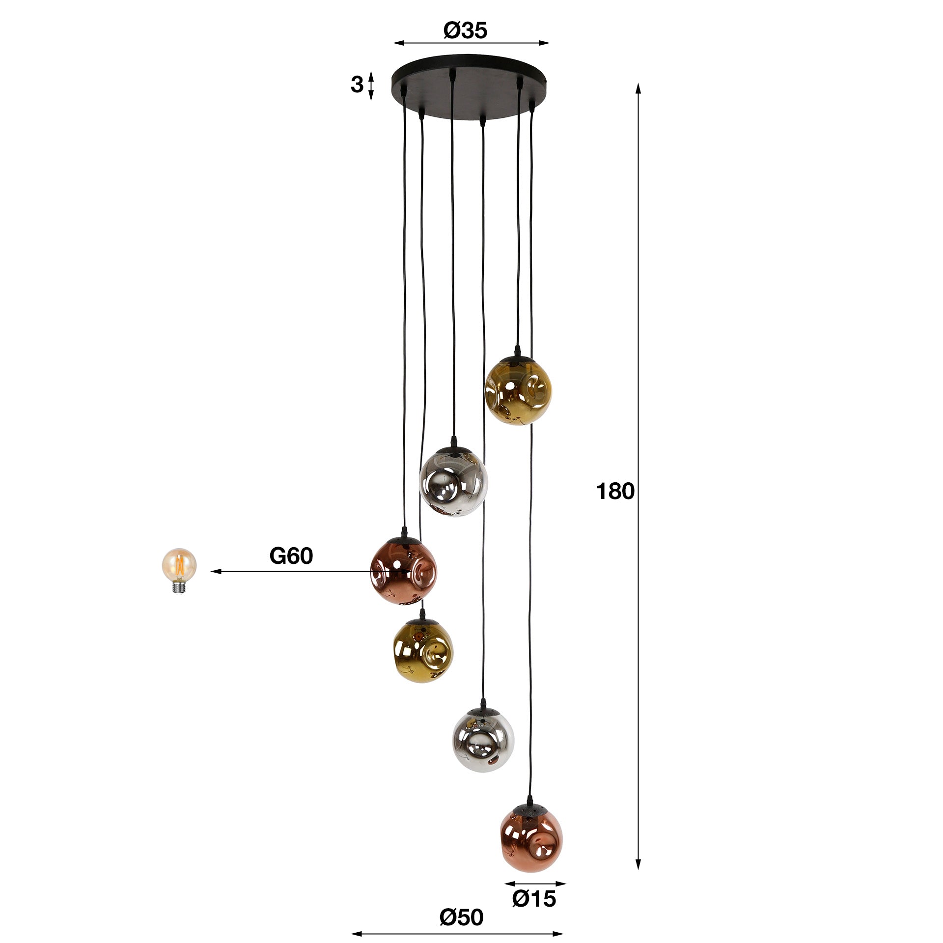 Stellora getrapte 6-lichts - Artic zwarte hanglamp