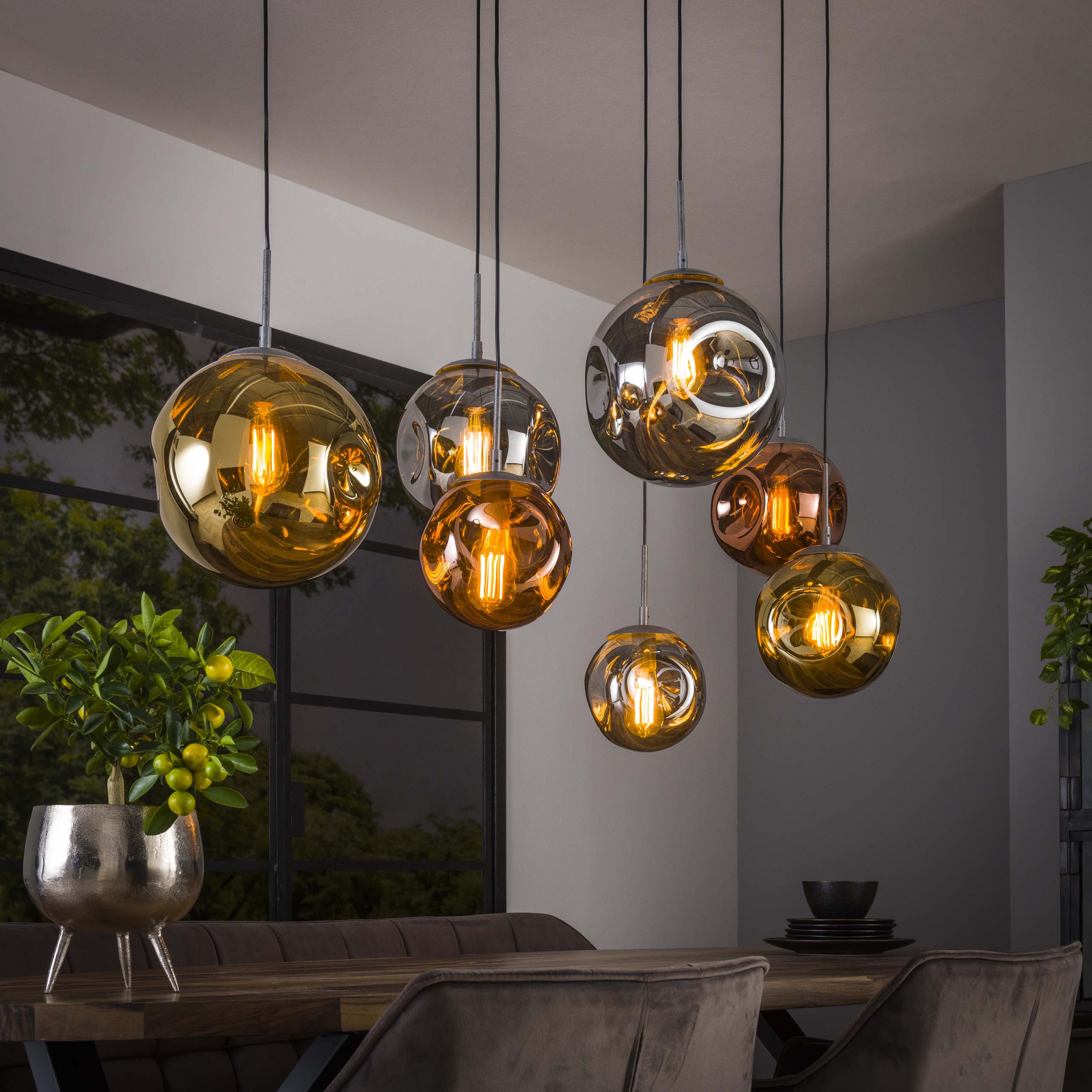 Stellora 4+3-lichts - Oude zilveren hanglamp