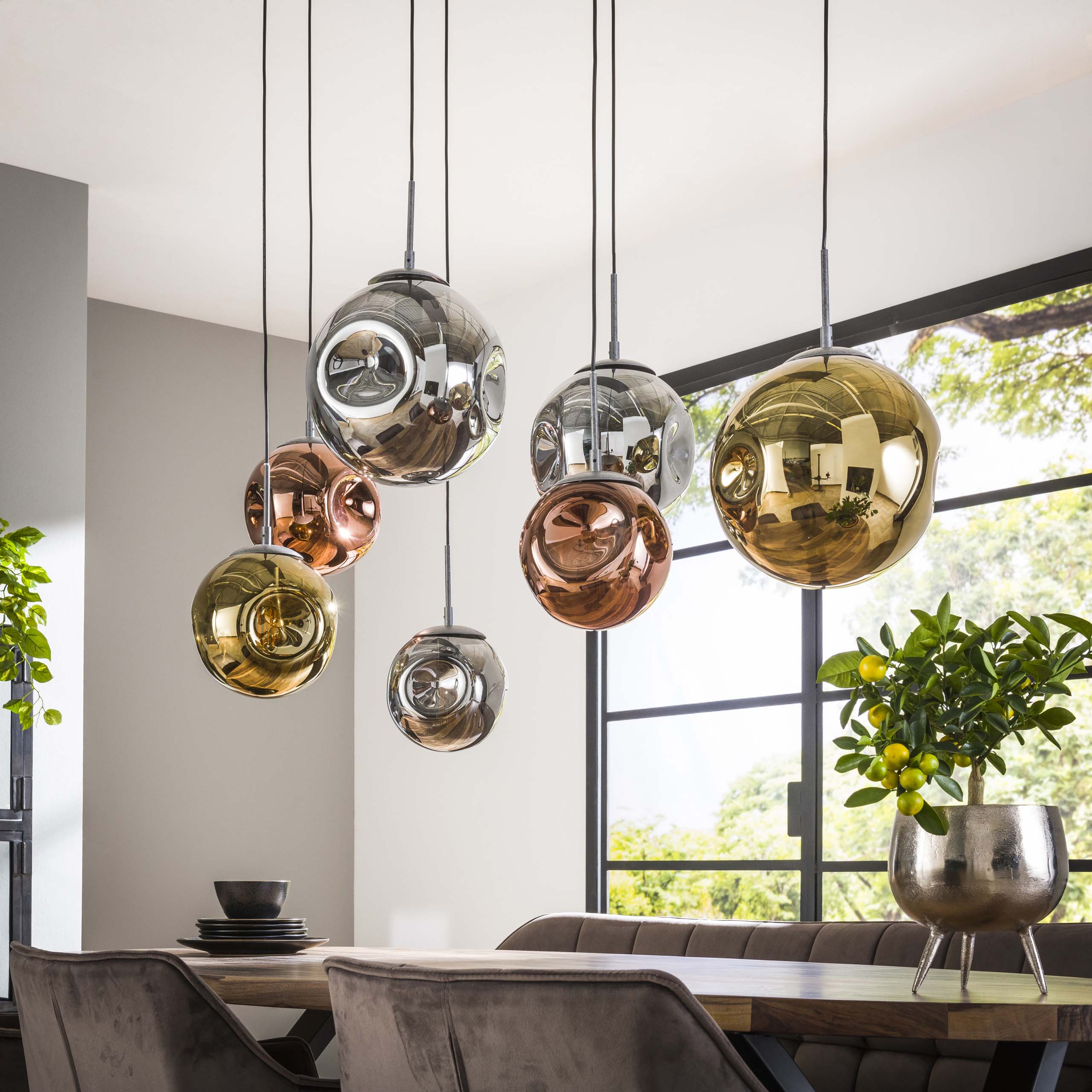 Stellora 4+3-lichts - Oude zilveren hanglamp