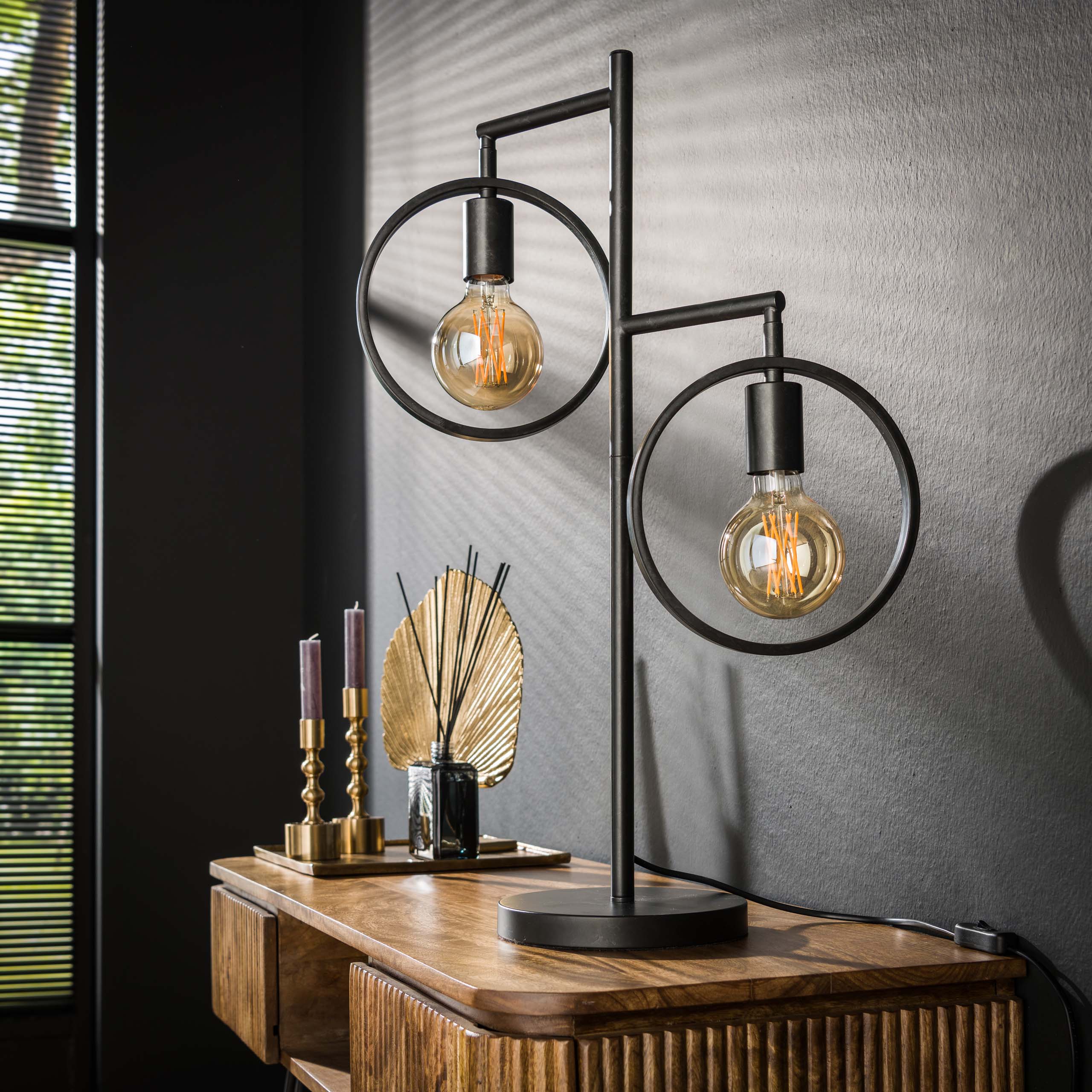 Rinara houtskoolkleurige metalen tafellamp met 2 lichtpunten - 70 cm