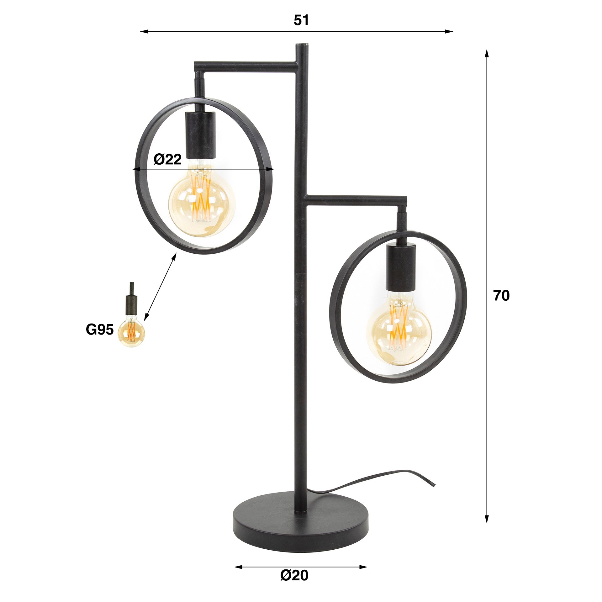 Rinara houtskoolkleurige metalen tafellamp met 2 lichtpunten - 70 cm