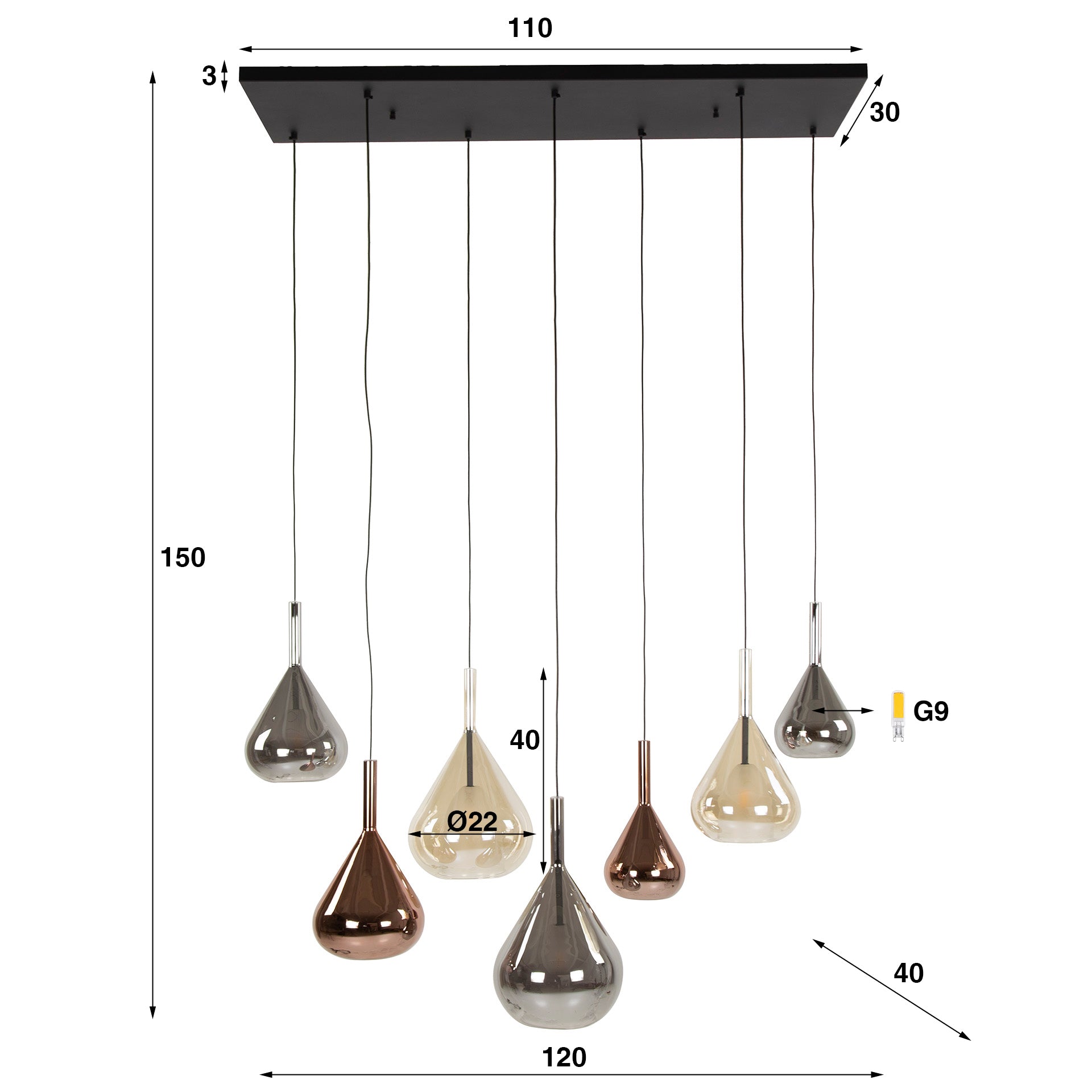 Wingora 4+3-lichts - Zwarte hanglamp