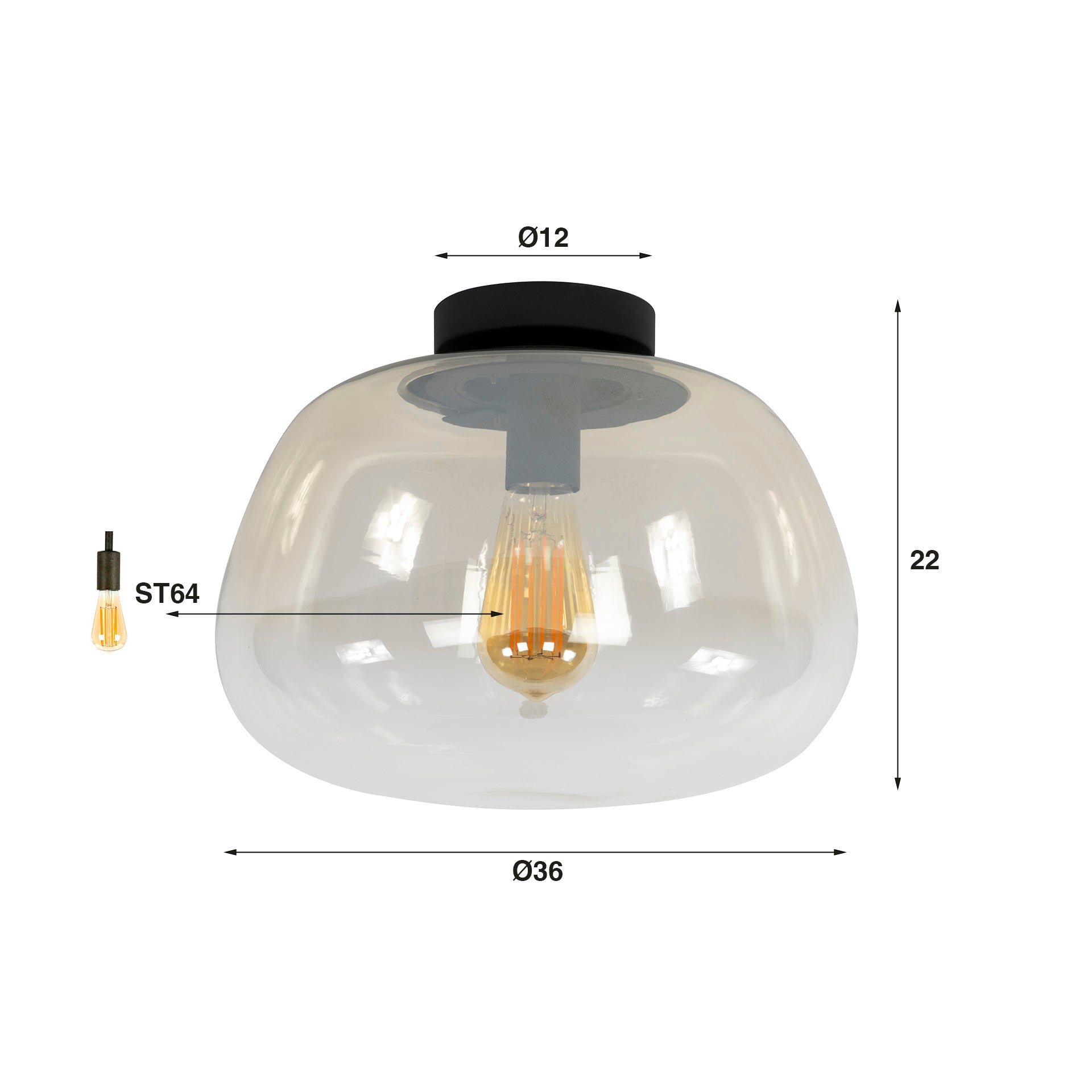 Pulsera plafondlamp, 1-lichts, met kap van amberkleurig glas