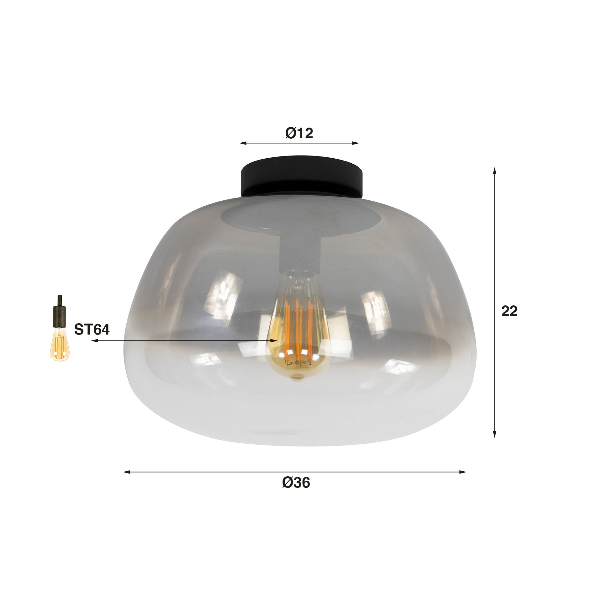 Pulsera gerookt grijs glas 1-lichts plafondlamp