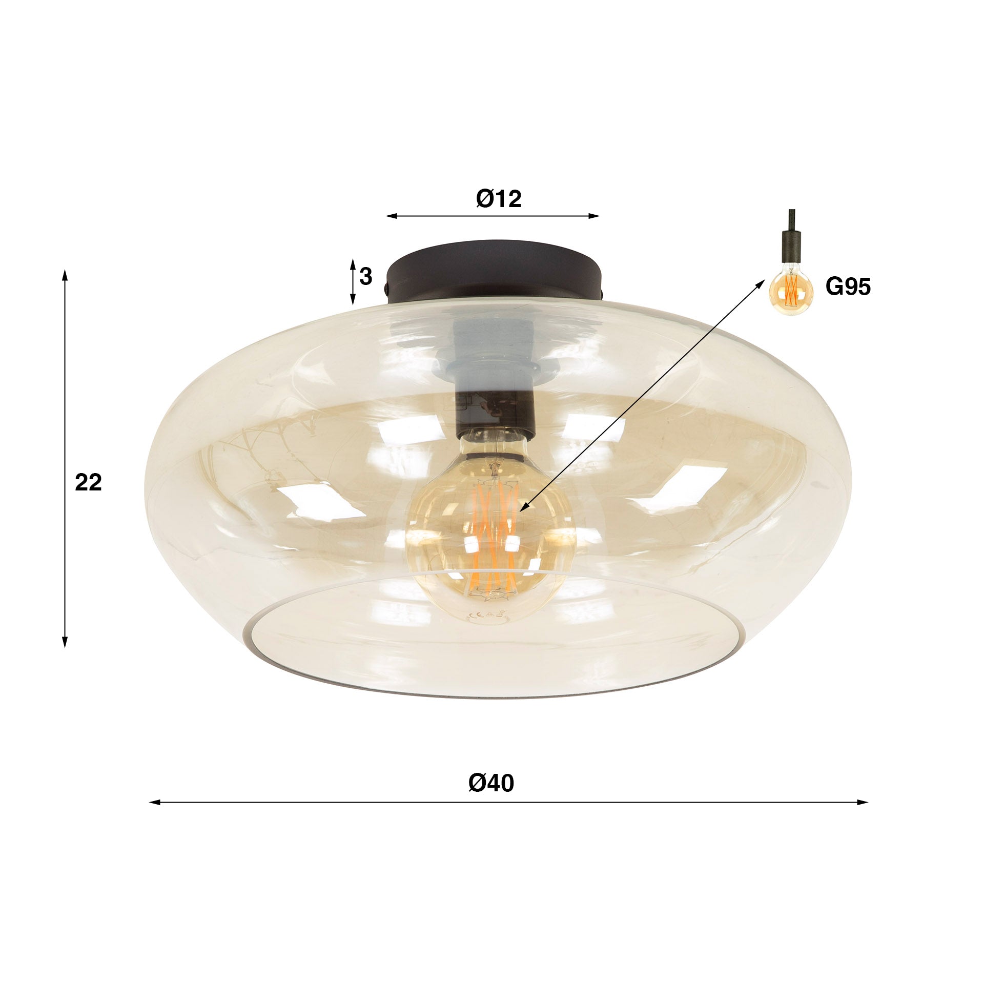 Elevira amberkleurige glazen plafondlamp met 1 lichtpunt