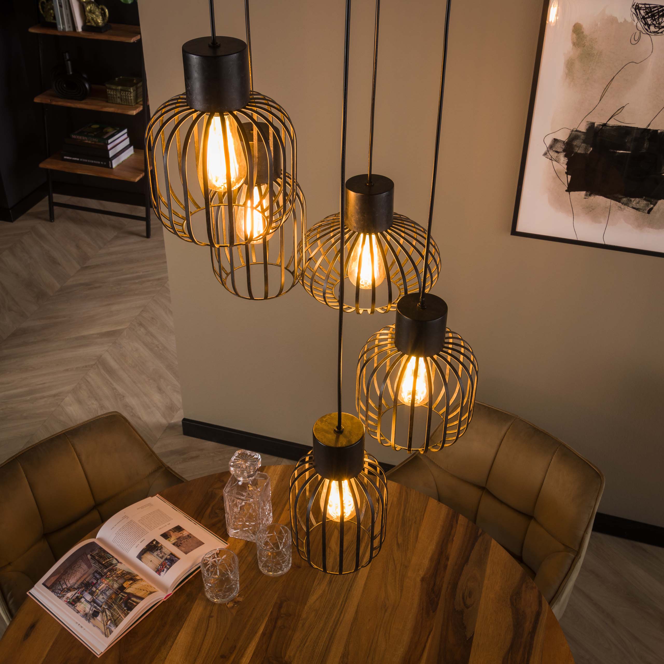 Mixora Metalen hanglamp met 5 lampen in lagen - Houtskool