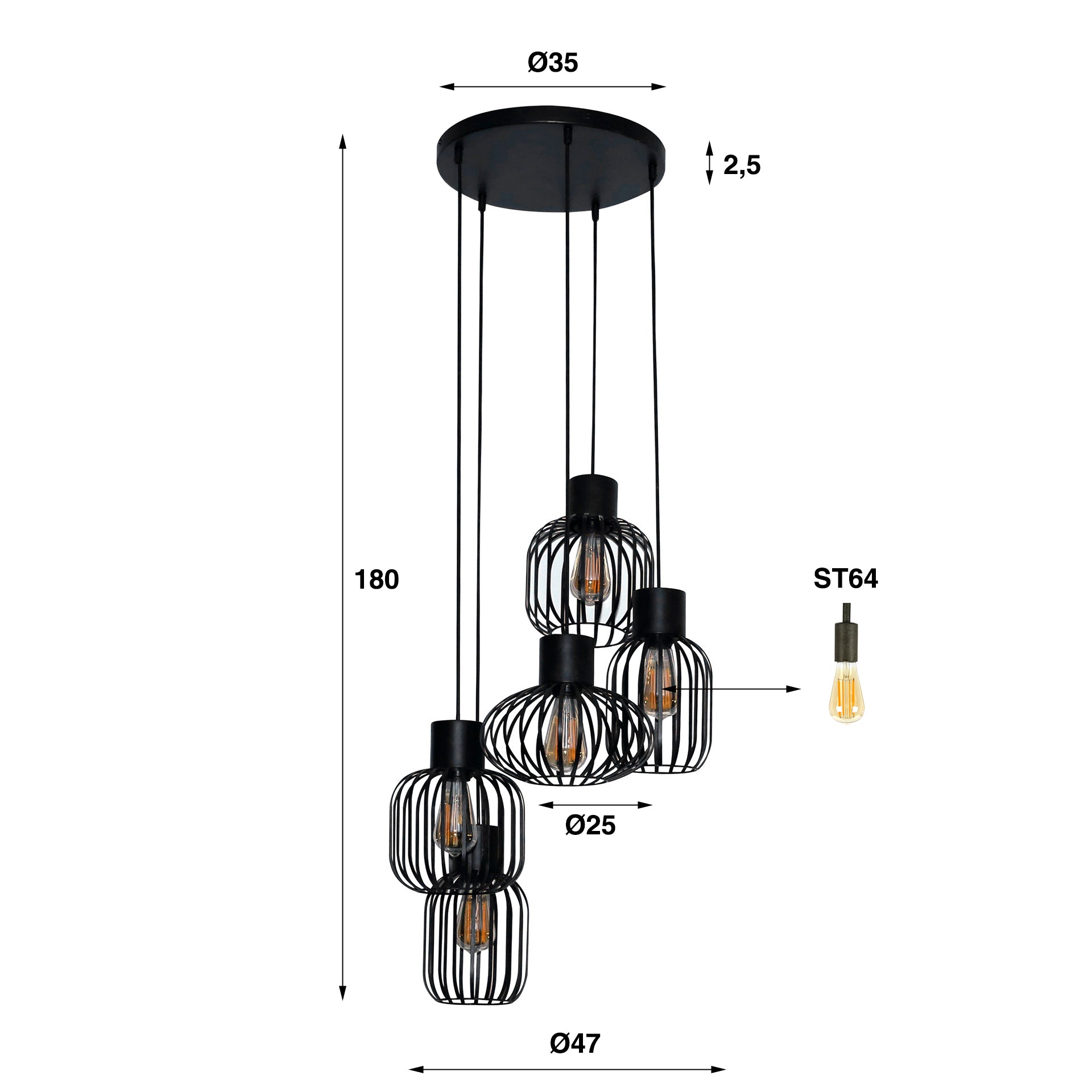 Mixora Metalen hanglamp met 5 lampen in lagen - Houtskool