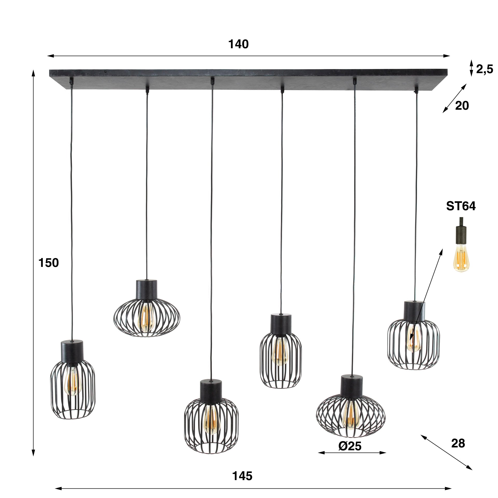 Mixora Metal 3+3-licht - Houtskool hanglamp