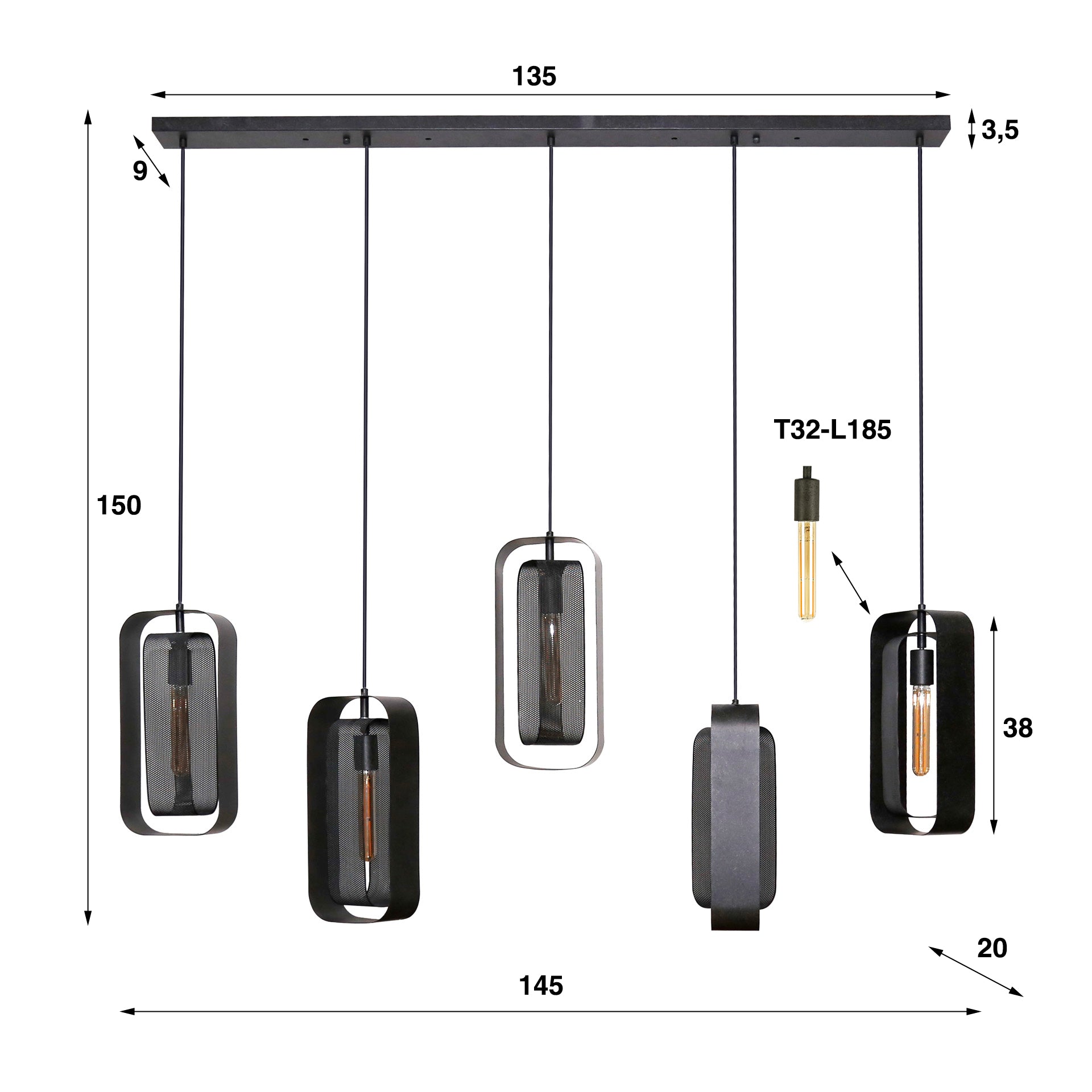 Meshora Rotate 5-lichts - Arctic zwarte hanglamp