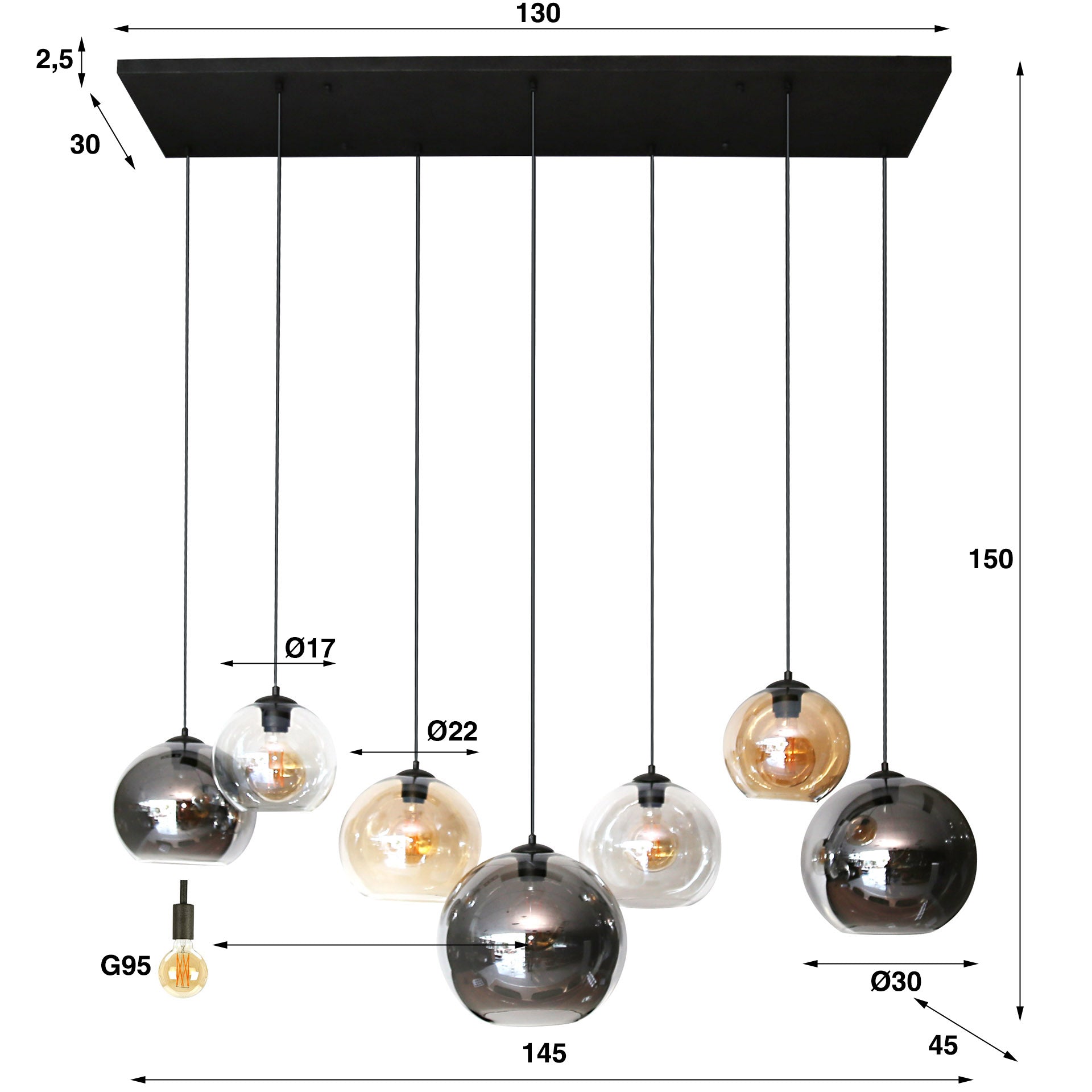 Multora Globe 4+3-lichts - Artic zwarte hanglamp