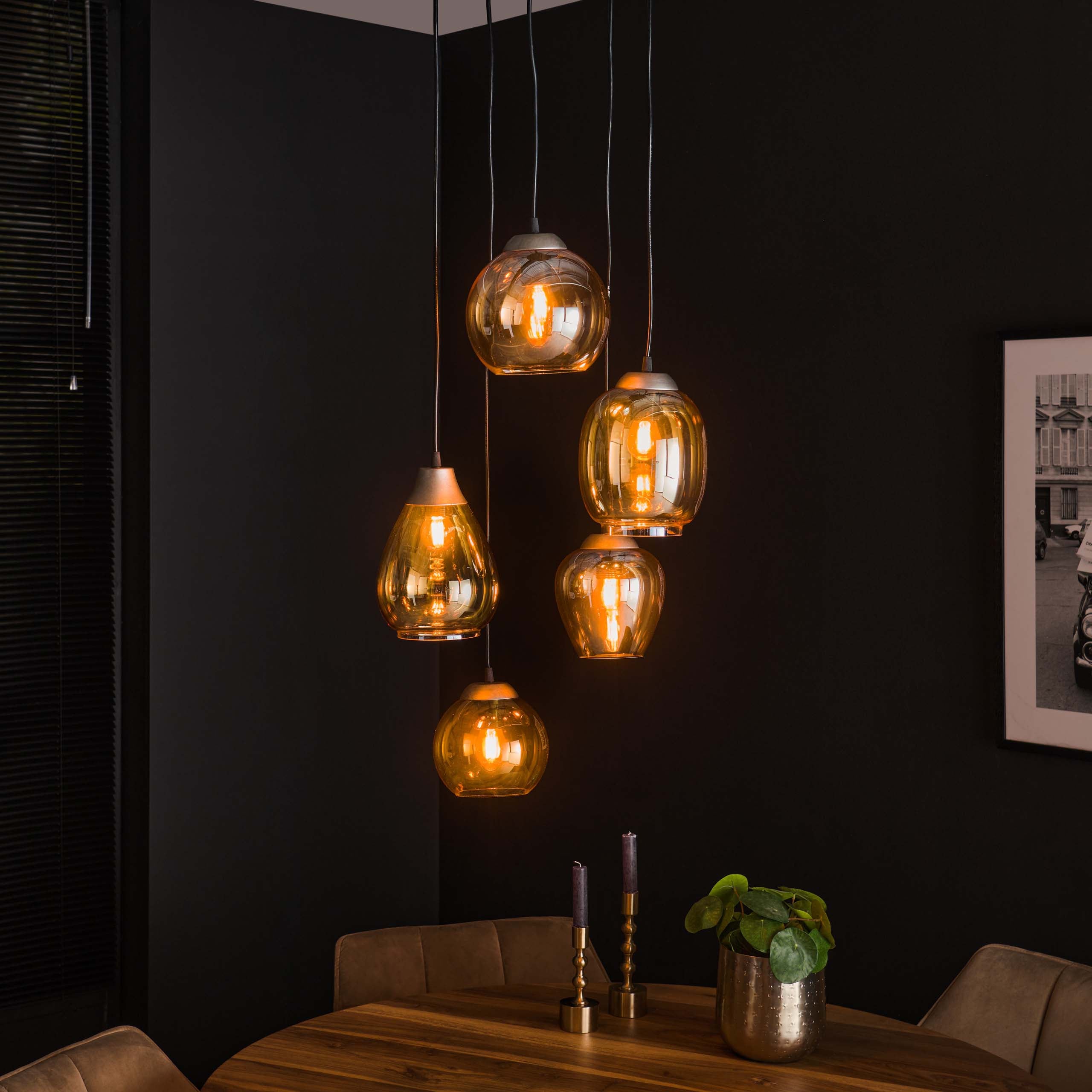 Mixora gelaagde 5-lichts - Amberkleurige glazen hanglamp