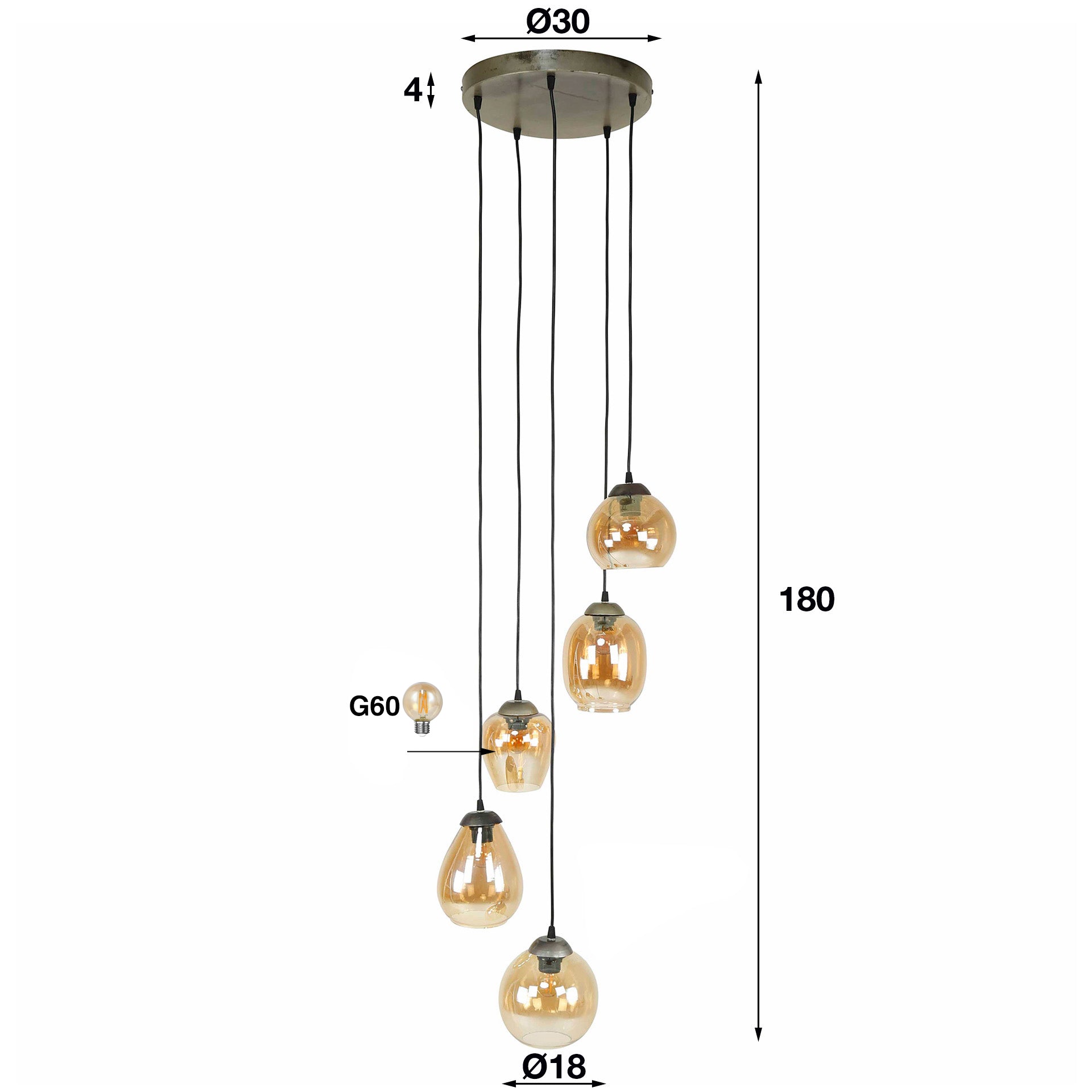 Mixora gelaagde 5-lichts - Amberkleurige glazen hanglamp