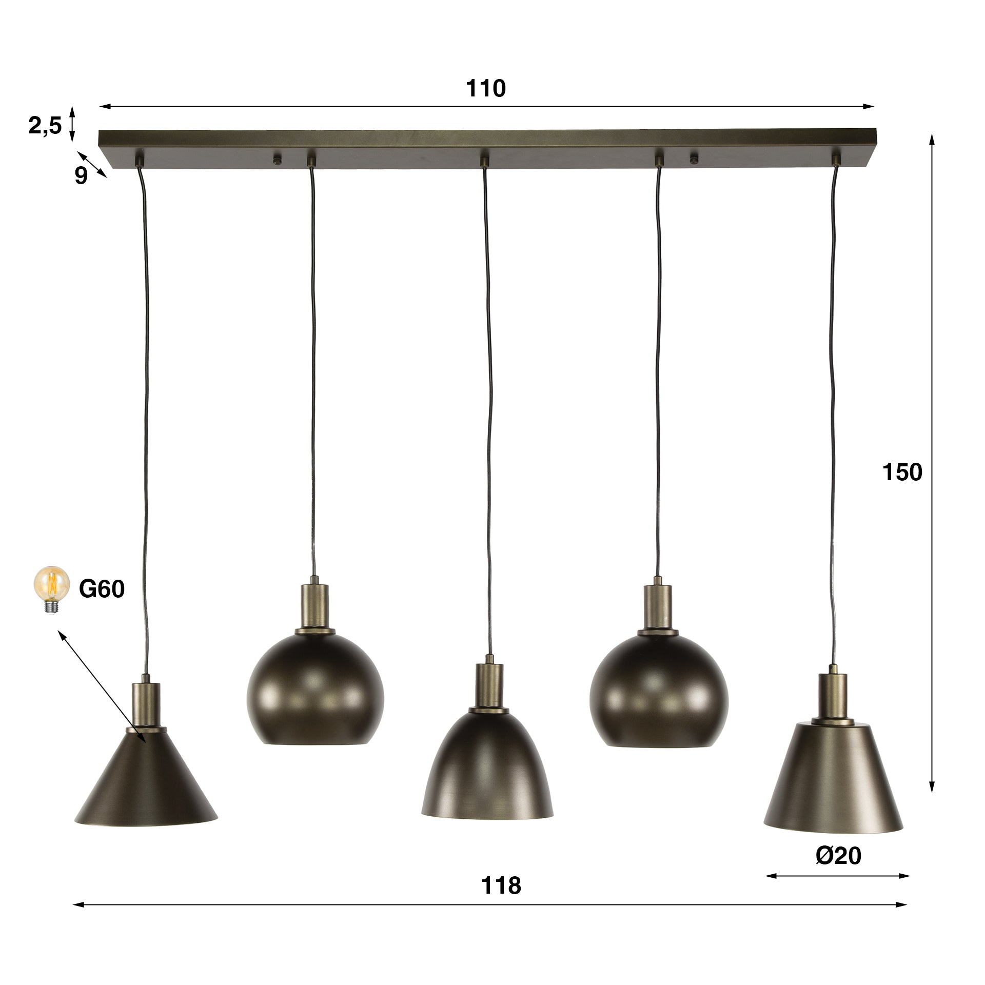 Metalora 5-lichts - Sienna bruine hanglamp