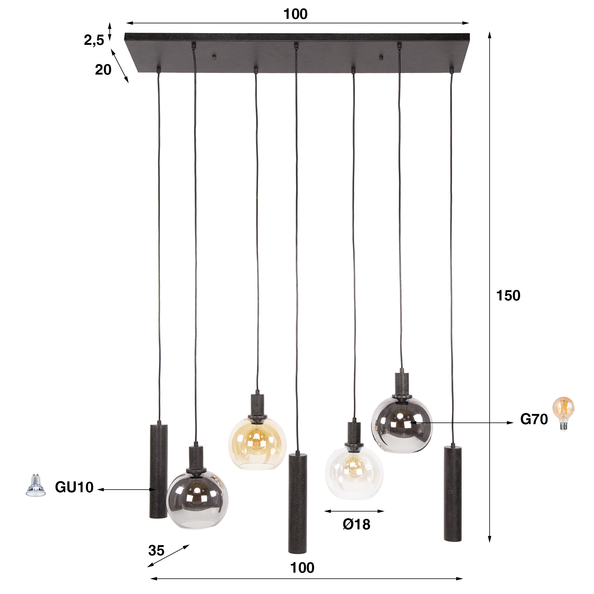 Sferora Tricolore 4+3-lichts - Arctic zwarte hanglamp