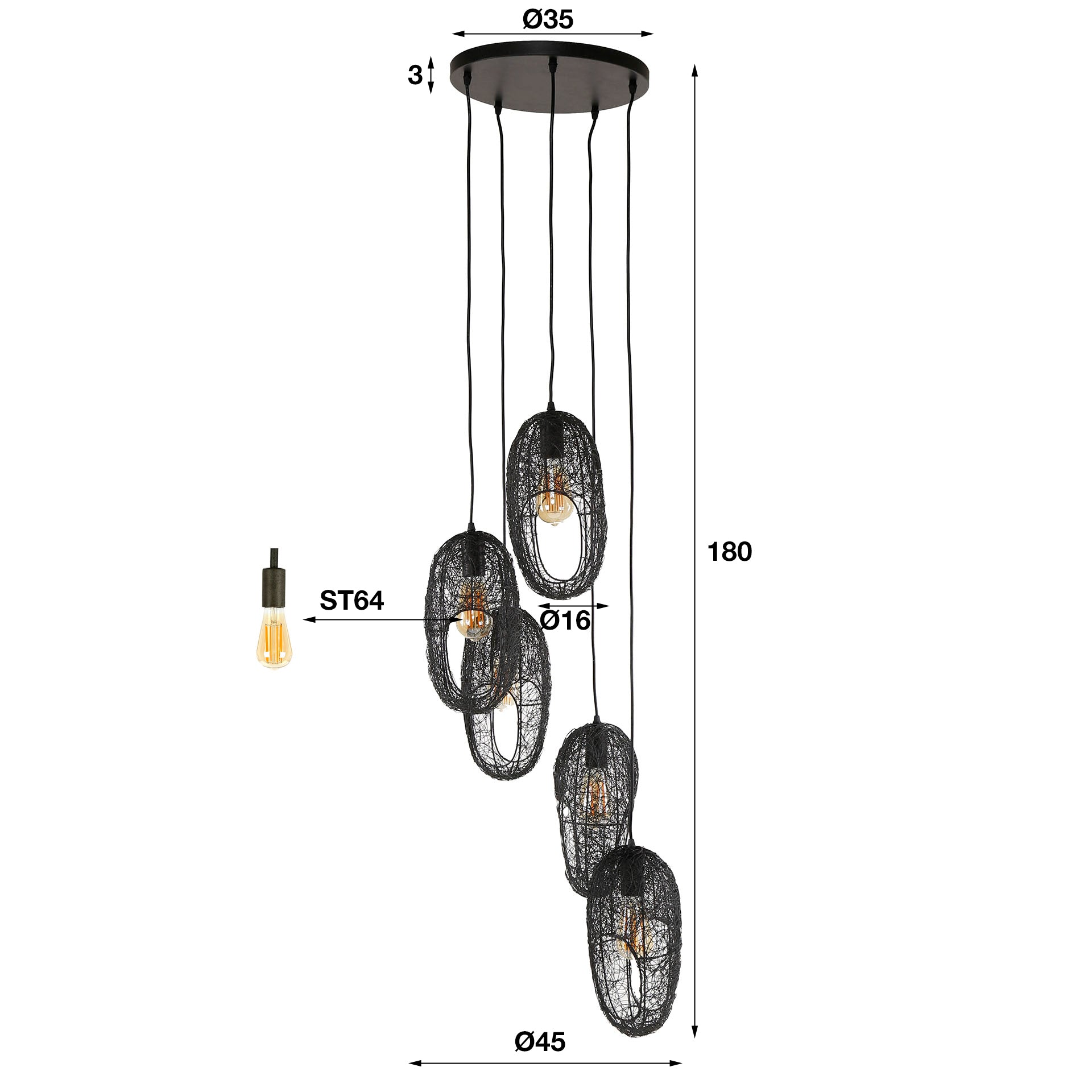 Optera Eye 5-lichts - Artic zwarte hanglamp