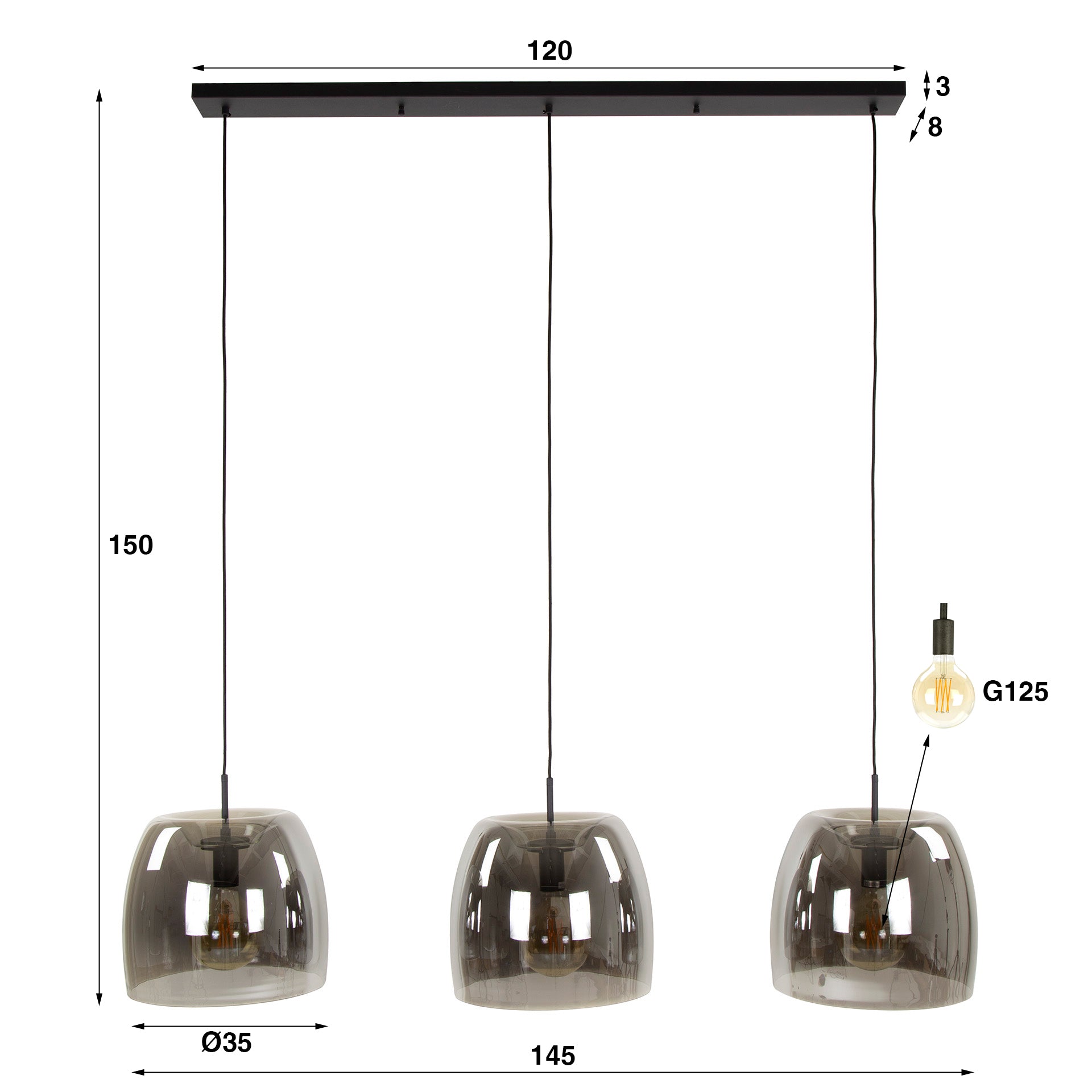 Drifora Glass 3-lichts - Rookgrijs glazen hanglamp